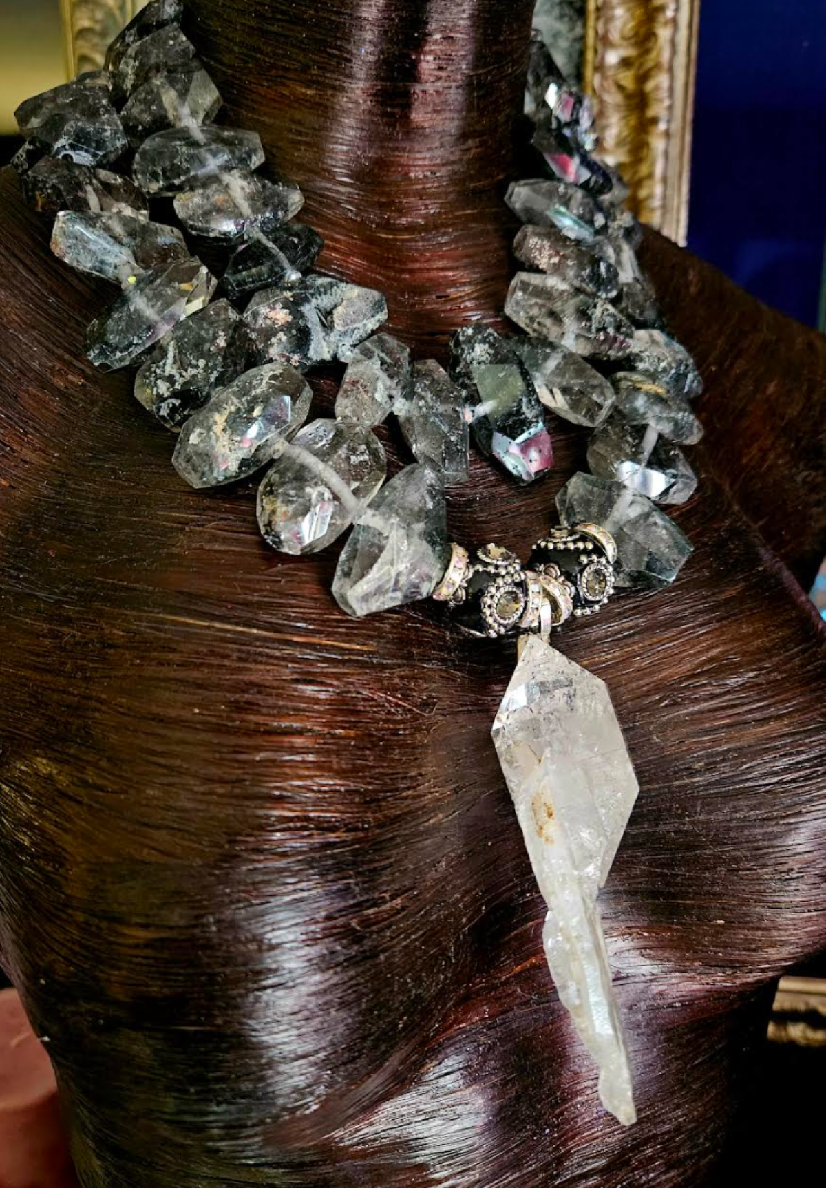 Huge Herkimer Diamond Quartz Pendant with Double Terminated Tibetan Quartz Statement Necklace, Luxury Crystal Chest Piece