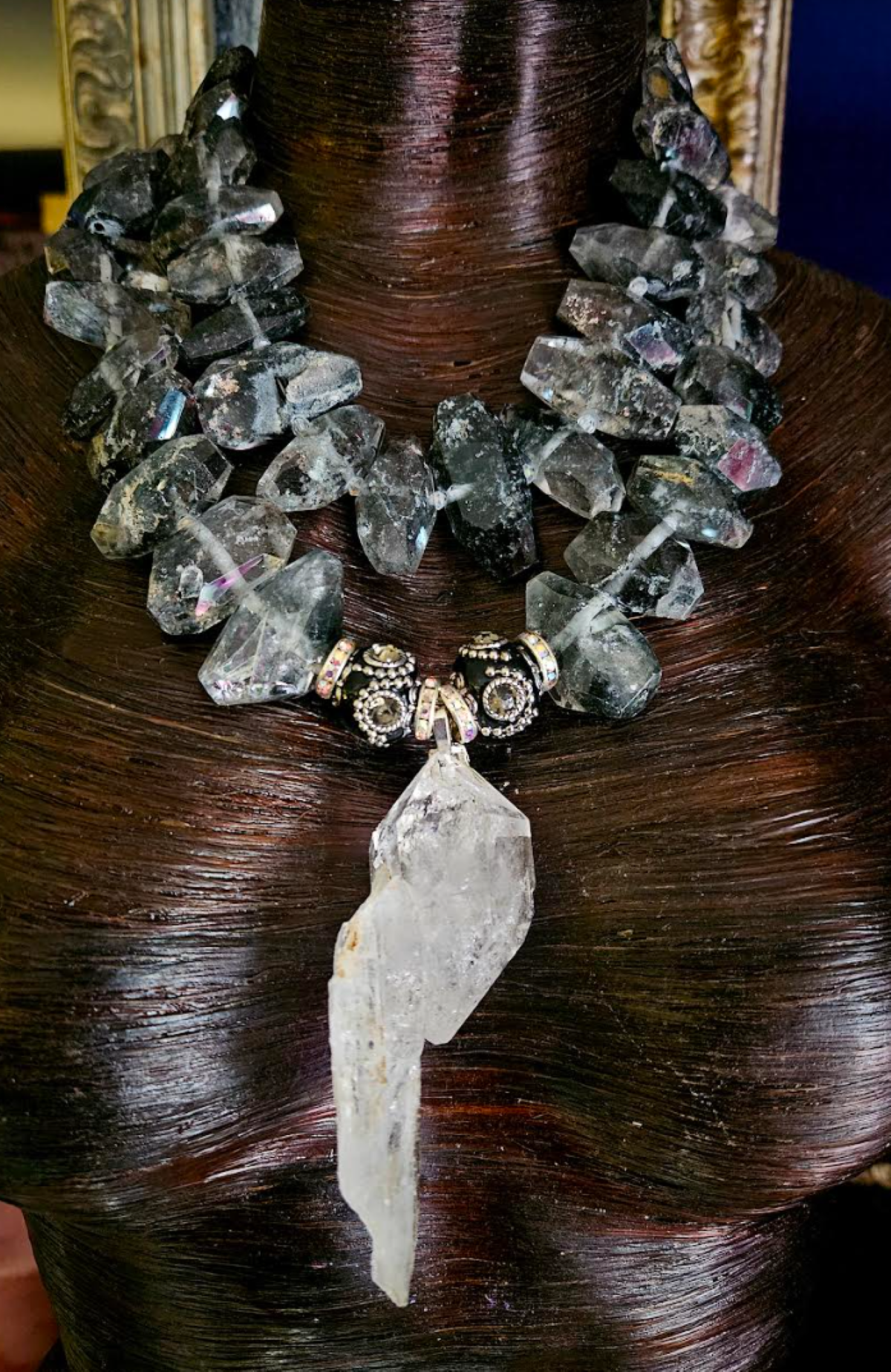 Huge Herkimer Diamond Quartz Pendant with Double Terminated Tibetan Quartz Statement Necklace, Luxury Crystal Chest Piece