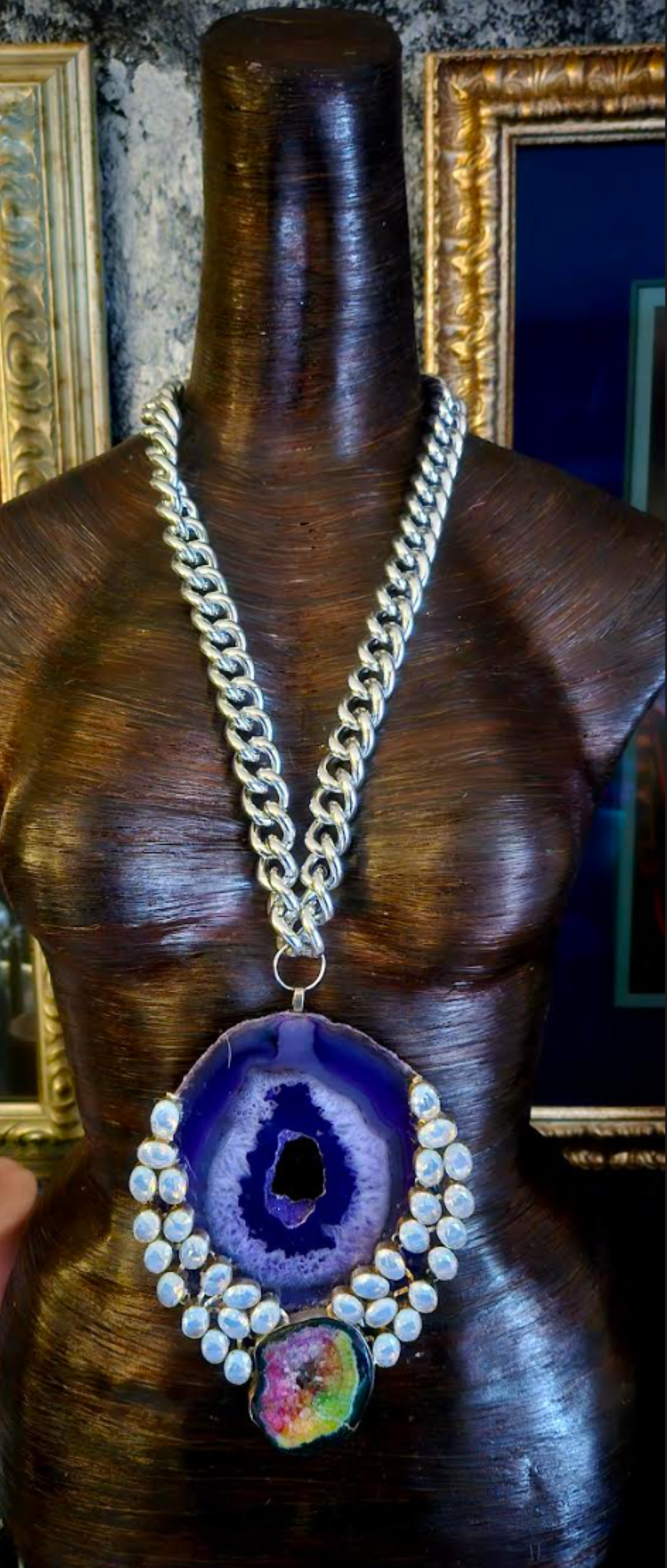 Purple Druzy Agate & Gemstone Hip Hop Style Pendant, Stone Amulet Chest Piece, Runway Ready Accessory