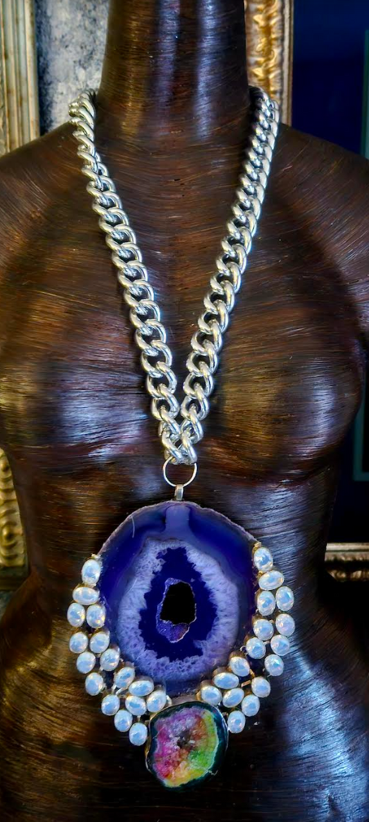 Purple Druzy Agate & Gemstone Hip Hop Style Pendant, Stone Amulet Chest Piece, Runway Ready Accessory