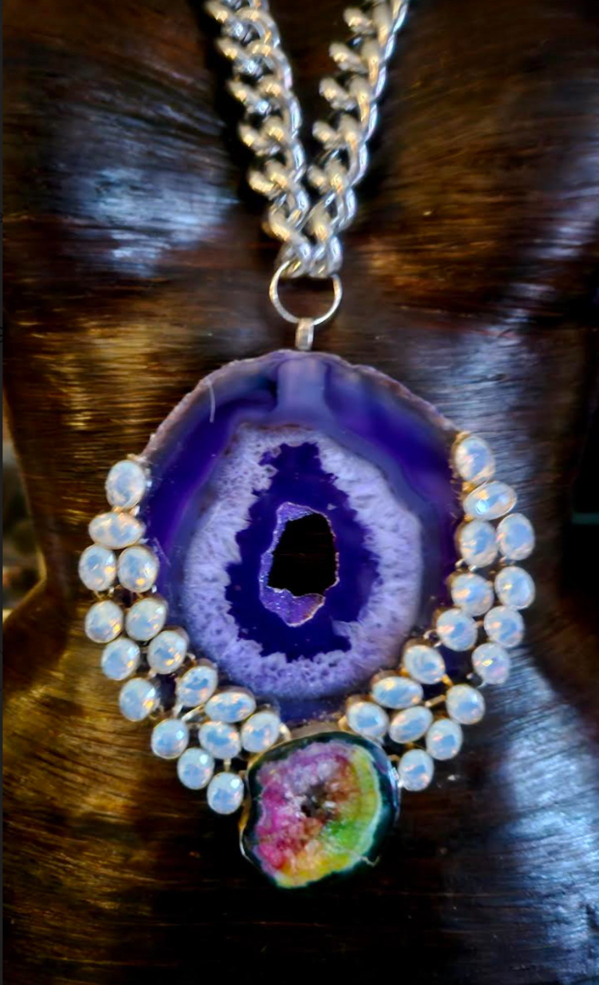 Purple Druzy Agate & Gemstone Hip Hop Style Pendant, Stone Amulet Chest Piece, Runway Ready Accessory