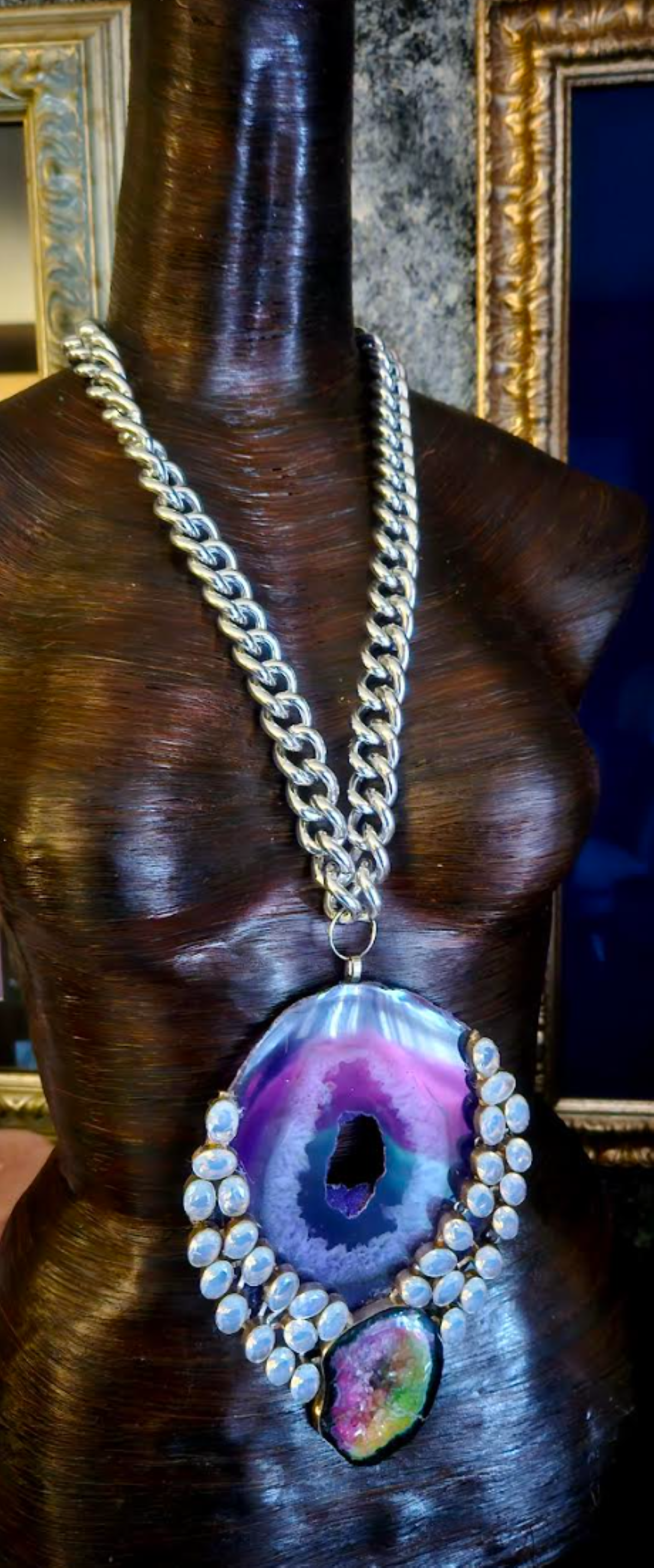 Purple Druzy Agate & Gemstone Hip Hop Style Pendant, Stone Amulet Chest Piece, Runway Ready Accessory