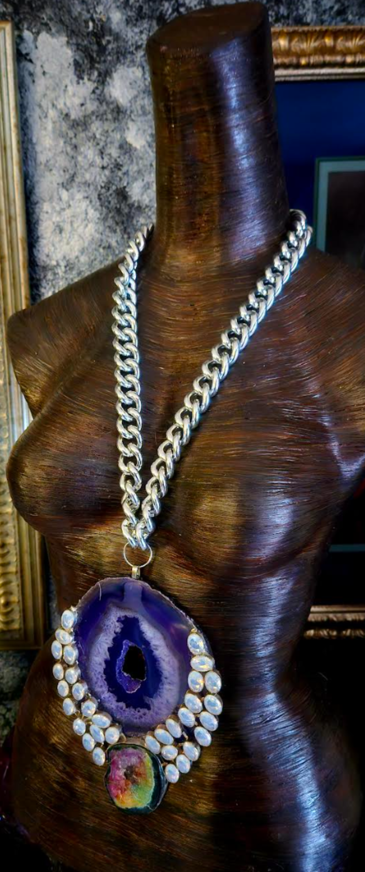 Purple Druzy Agate & Gemstone Hip Hop Style Pendant, Stone Amulet Chest Piece, Runway Ready Accessory