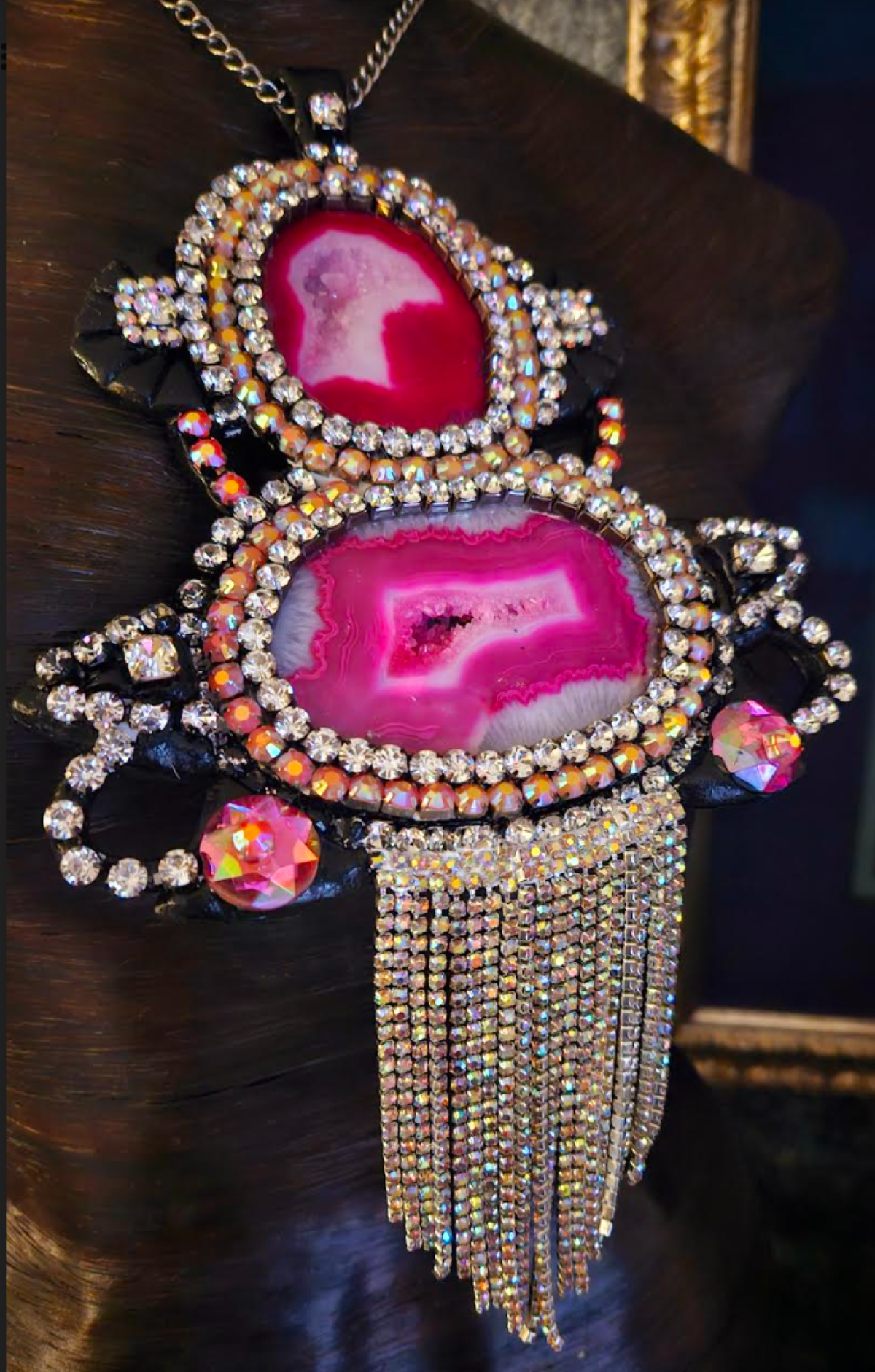 Hot Pink Black & Silver Druzy Agate Rhinestone Sculpted Art Deco Pendant, Gatsby Style Heavily Crystallized Chest Piece, 1920's Jewelry