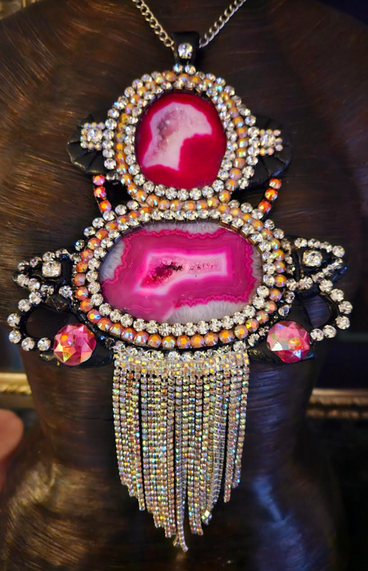 Hot Pink Black & Silver Druzy Agate Rhinestone Sculpted Art Deco Pendant, Gatsby Style Heavily Crystallized Chest Piece, 1920's Jewelry