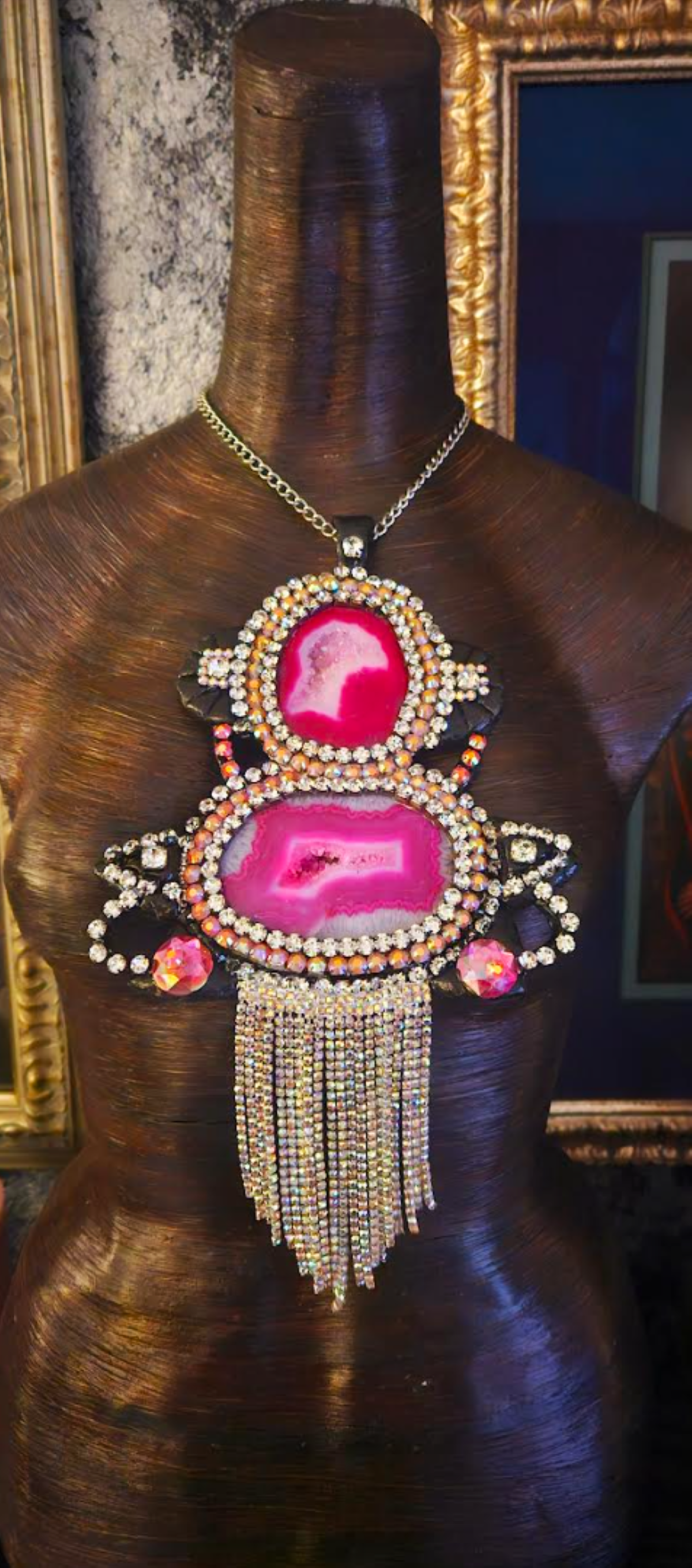 Hot Pink Black & Silver Druzy Agate Rhinestone Sculpted Art Deco Pendant, Gatsby Style Heavily Crystallized Chest Piece, 1920's Jewelry