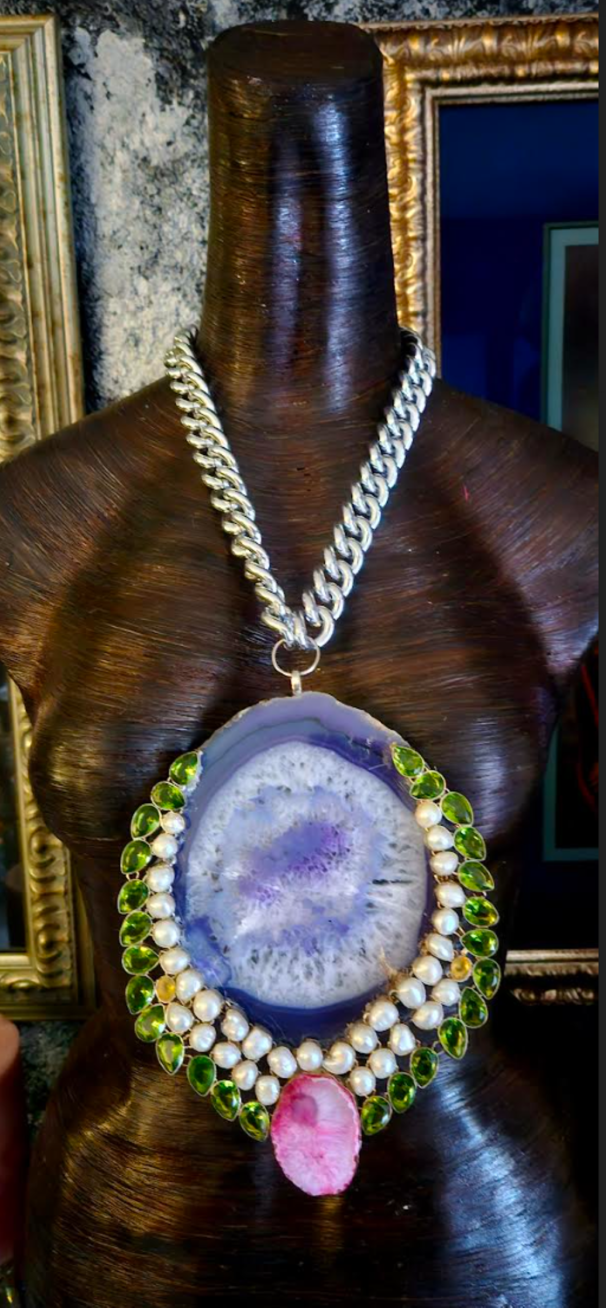 Huge Lavender Agate Pearl & Glass Statement Pendant, Rapper Video Jewelry, Photoshoot Accessory