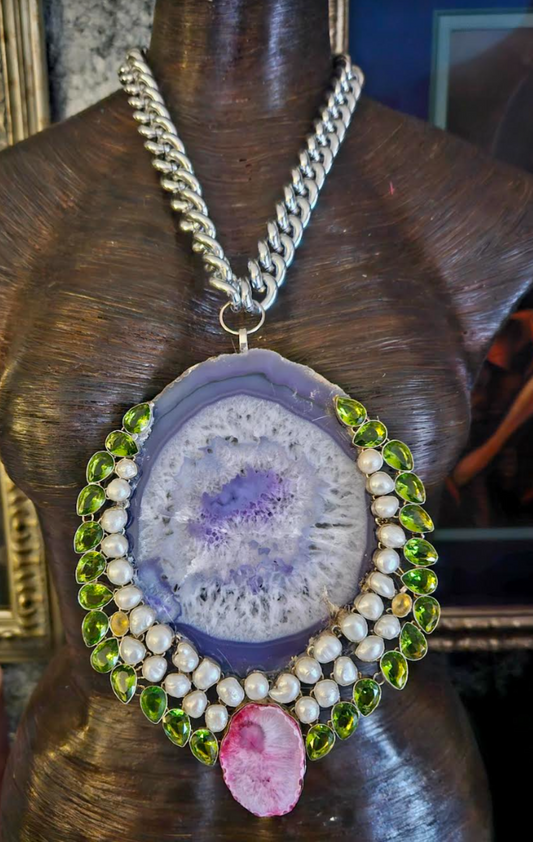 Huge Lavender Agate Pearl & Glass Statement Pendant, Rapper Video Jewelry, Photoshoot Accessory