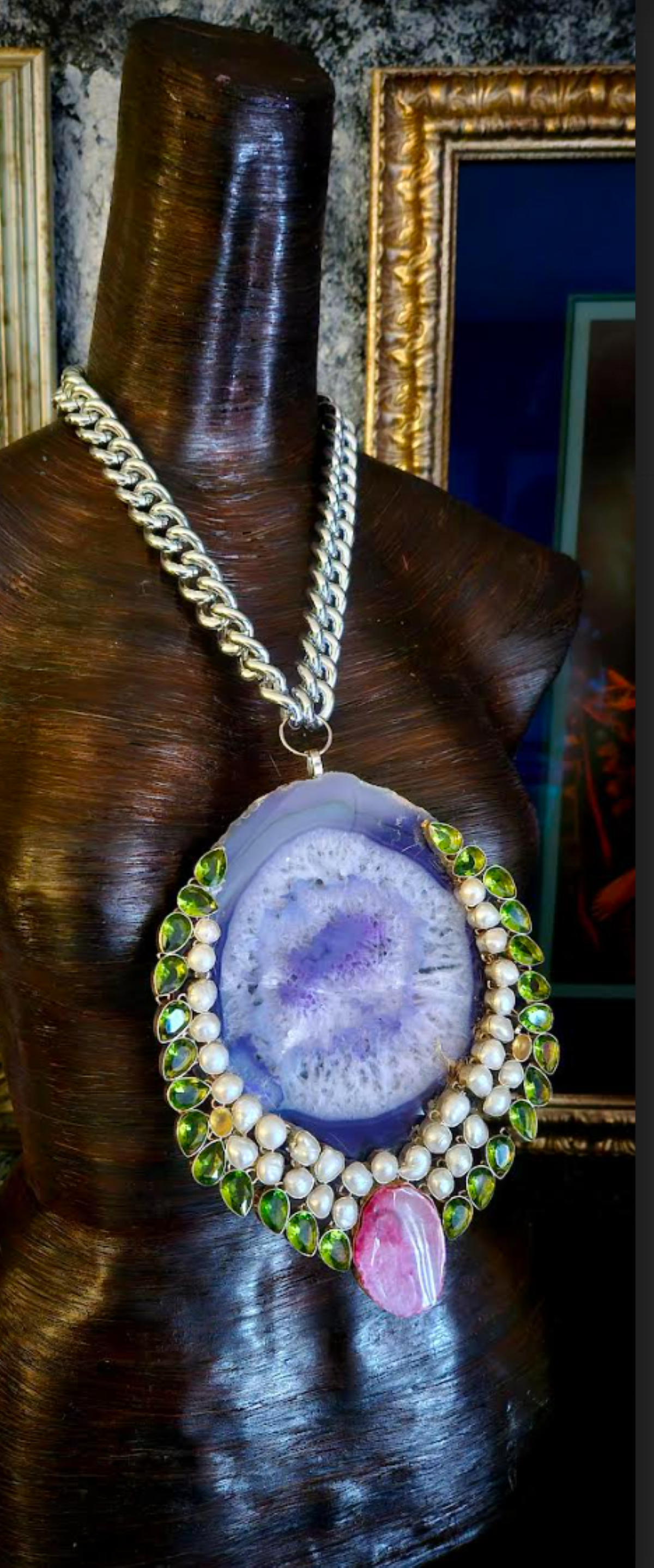 Huge Lavender Agate Pearl & Glass Statement Pendant, Rapper Video Jewelry, Photoshoot Accessory