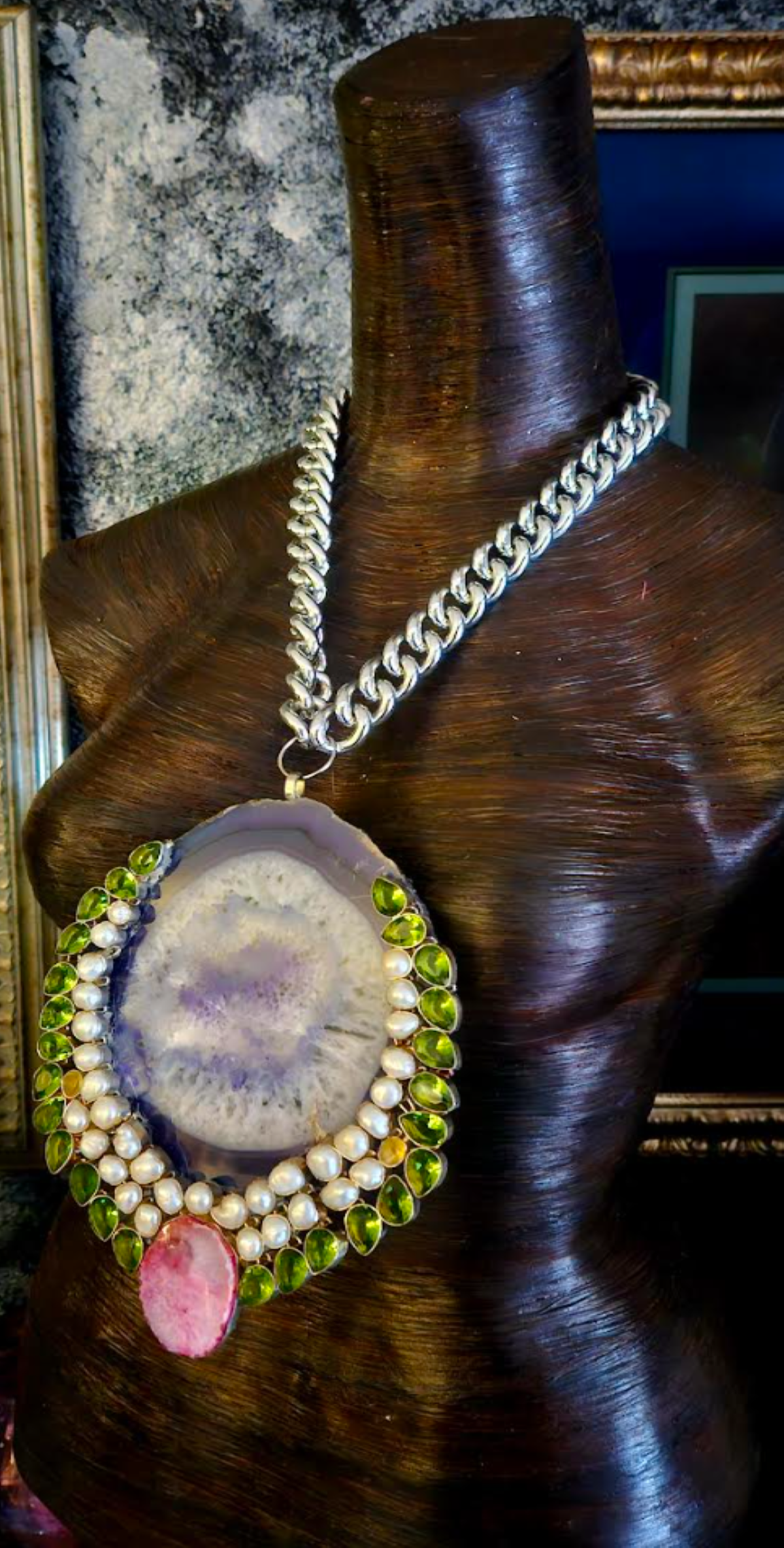 Huge Lavender Agate Pearl & Glass Statement Pendant, Rapper Video Jewelry, Photoshoot Accessory