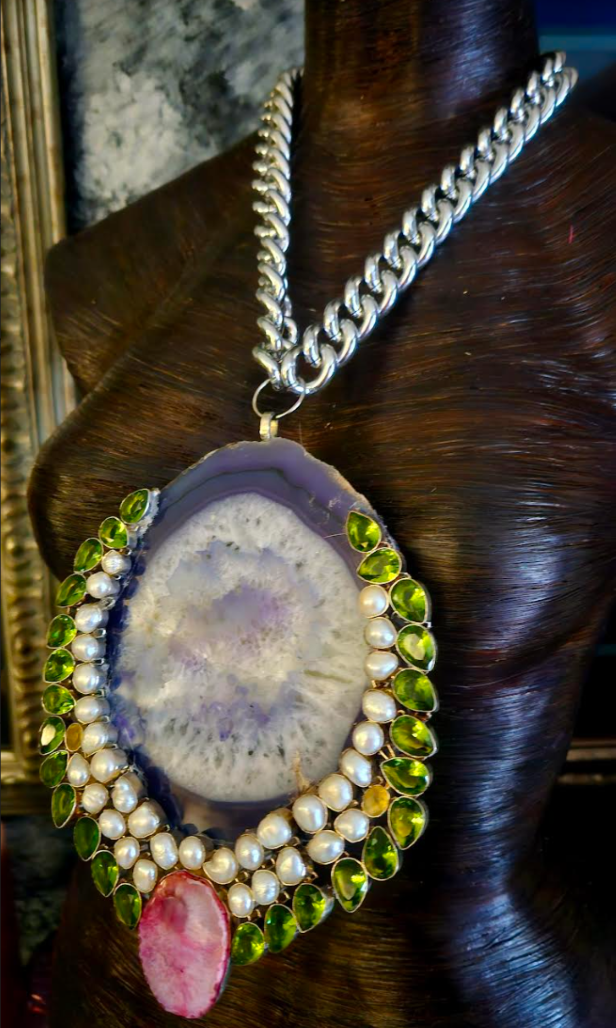 Huge Lavender Agate Pearl & Glass Statement Pendant, Rapper Video Jewelry, Photoshoot Accessory