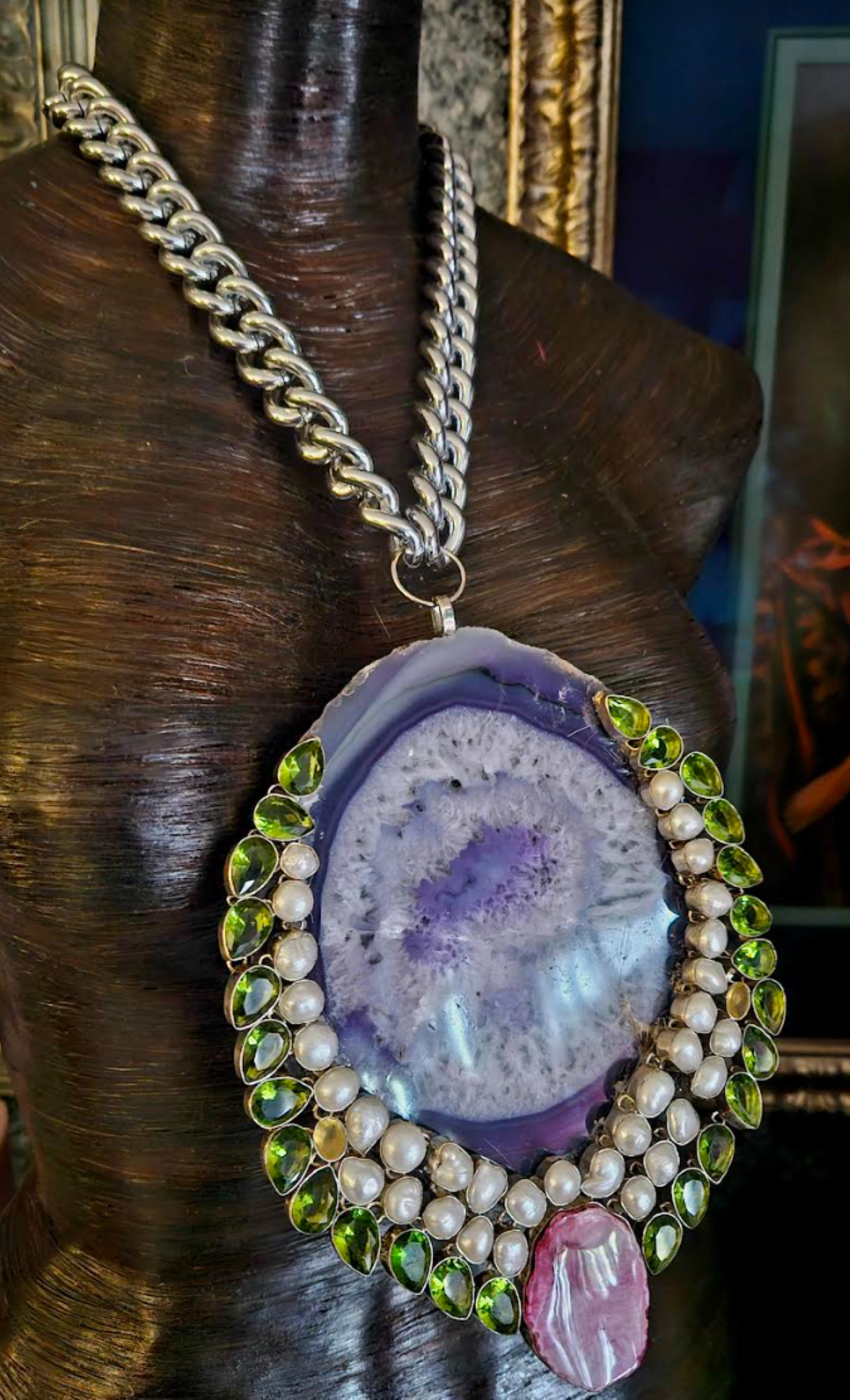 Huge Lavender Agate Pearl & Glass Statement Pendant, Rapper Video Jewelry, Photoshoot Accessory