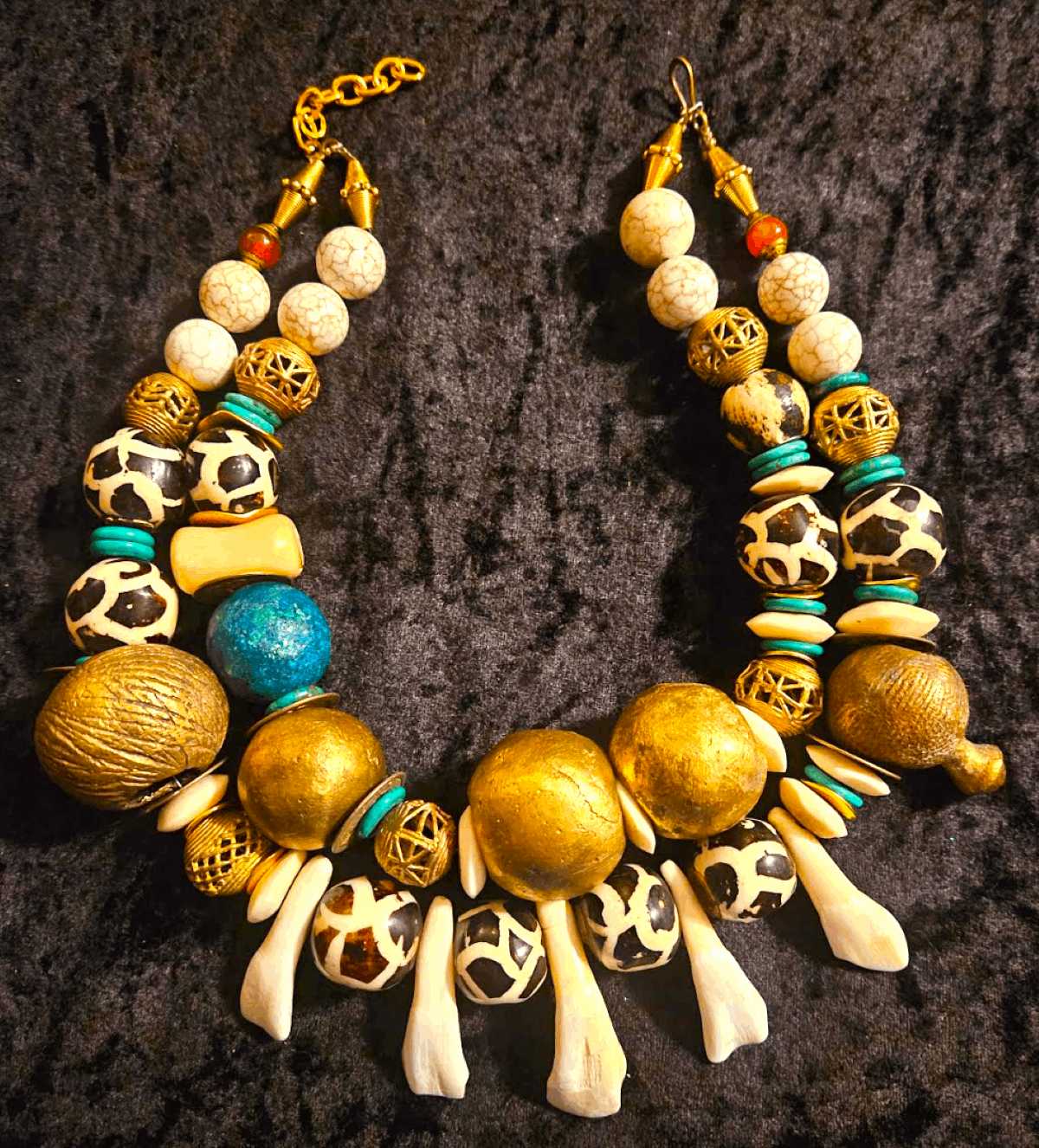 African Tribal Yoruba Brass Bone & Incisor Teeth Statement Necklace, Exotic Haute Couture Ethnic Neck Candy, Accessory Women of Color