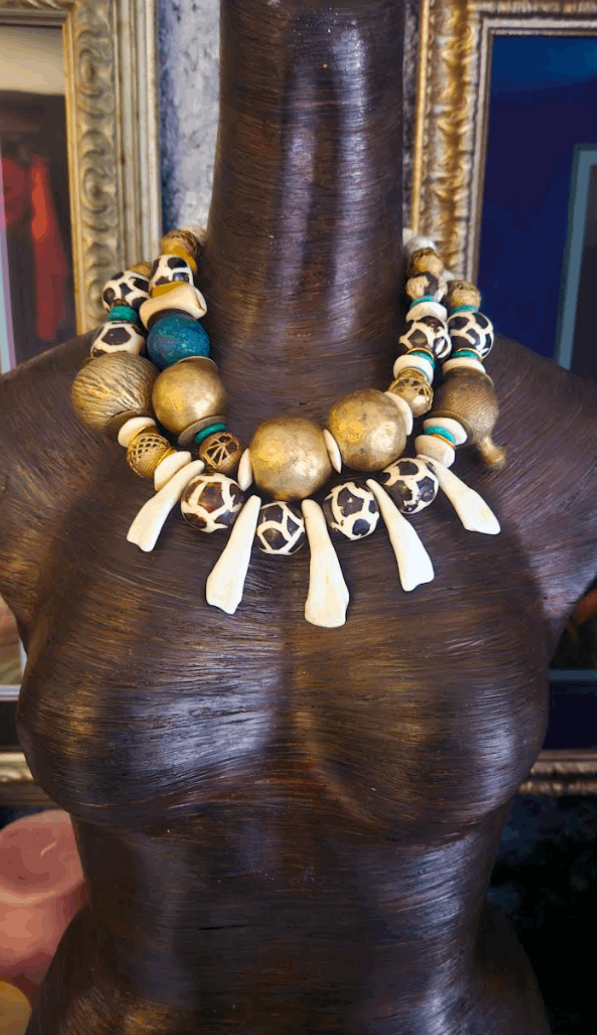 Yoruba Brass Bone Incisor Teeth Tribal Statement Necklace Exotic Wild Haute Couture Ethnic Neck Candy Kat Kouture Jewelry