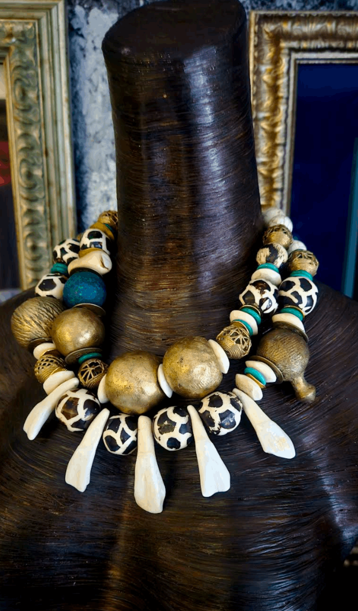 African Tribal Yoruba Brass Bone & Incisor Teeth Statement Necklace, Exotic Haute Couture Ethnic Neck Candy, Accessory Women of Color