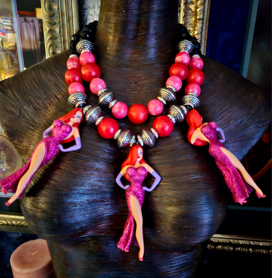 Jessica Rabbit Oversized Beaded Statement Necklace, Femme Fatale Cartoon Character Chest Piece, Whimsical Jewelry