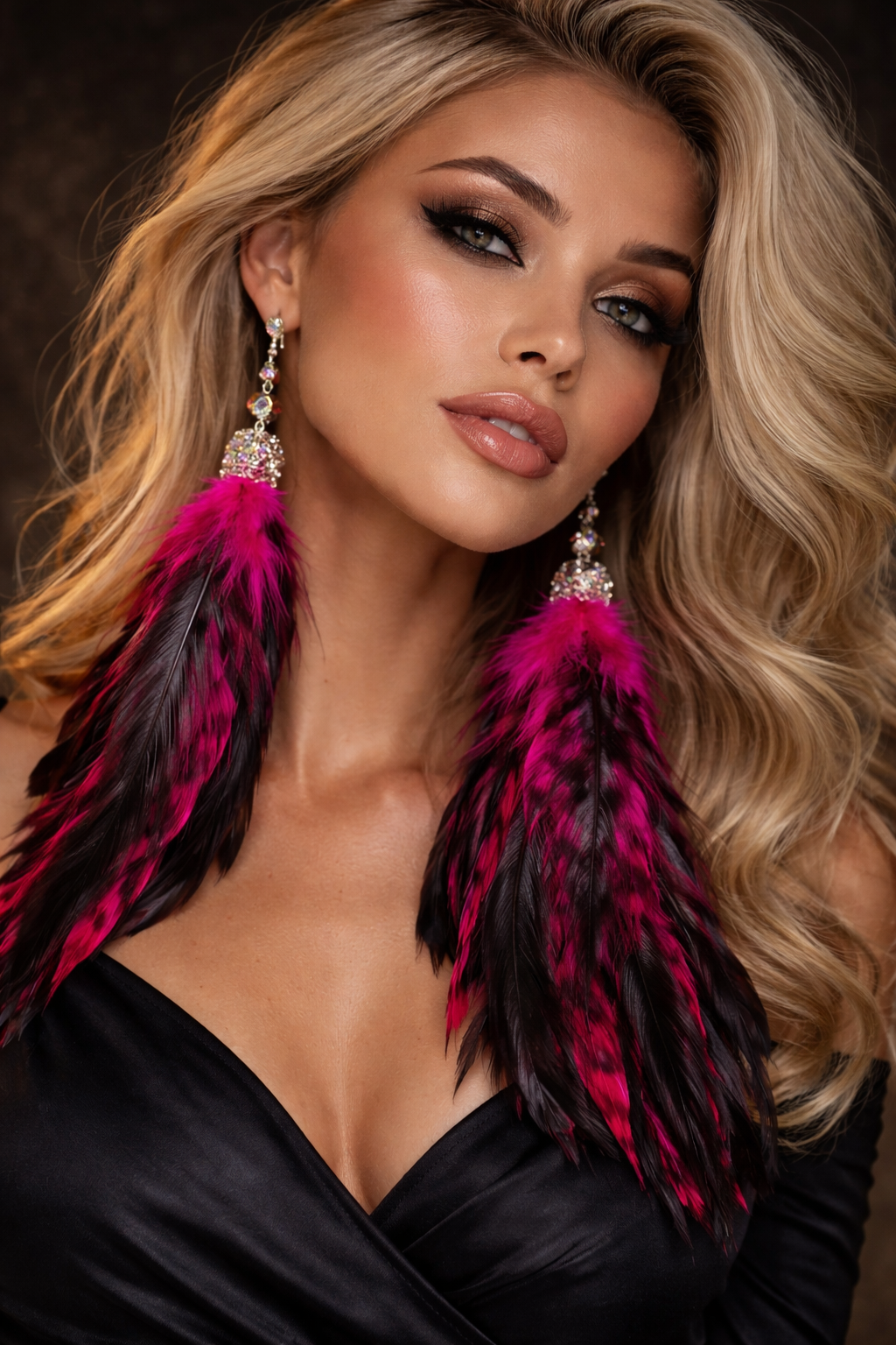 Fuchsia & Black Rooster Feather Long Pierced Statement Earrings
