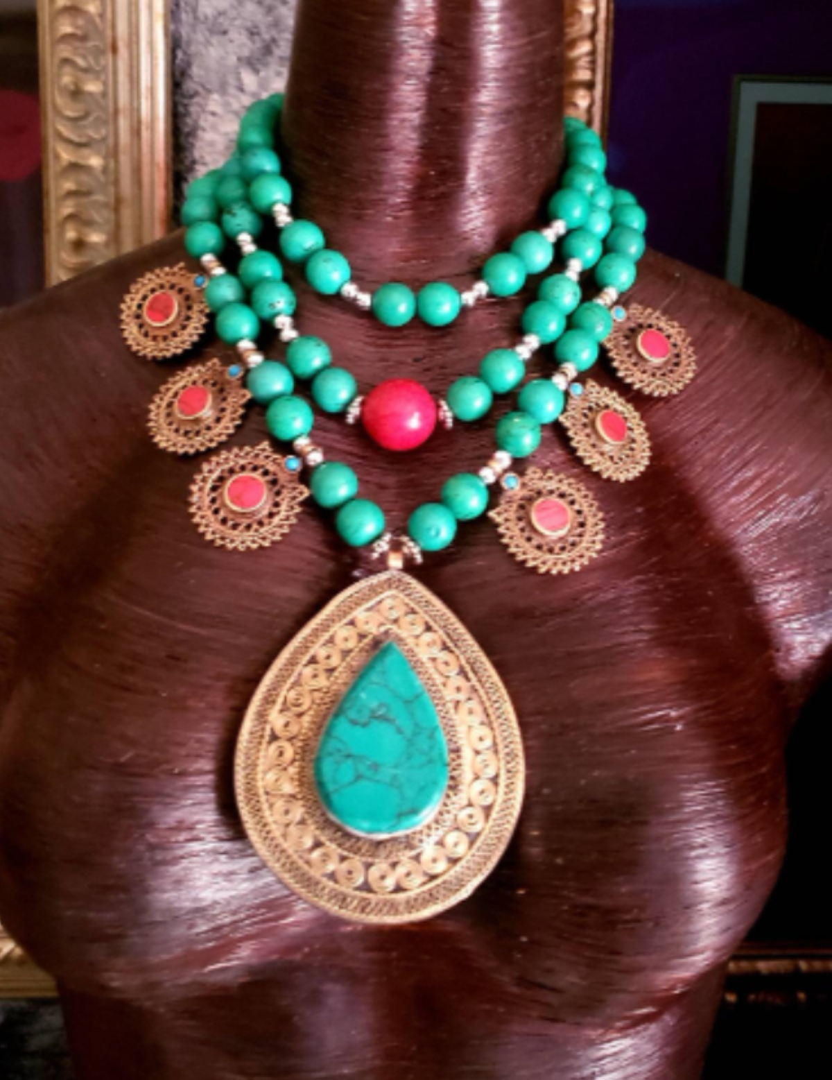 Green Magnesite Beaded Kuchi Charm Necklace With Turkmen Tribal Pendant - OOAK Wearable Art Ethnic Couture Chest Piece - Kat Kouture Jewelry