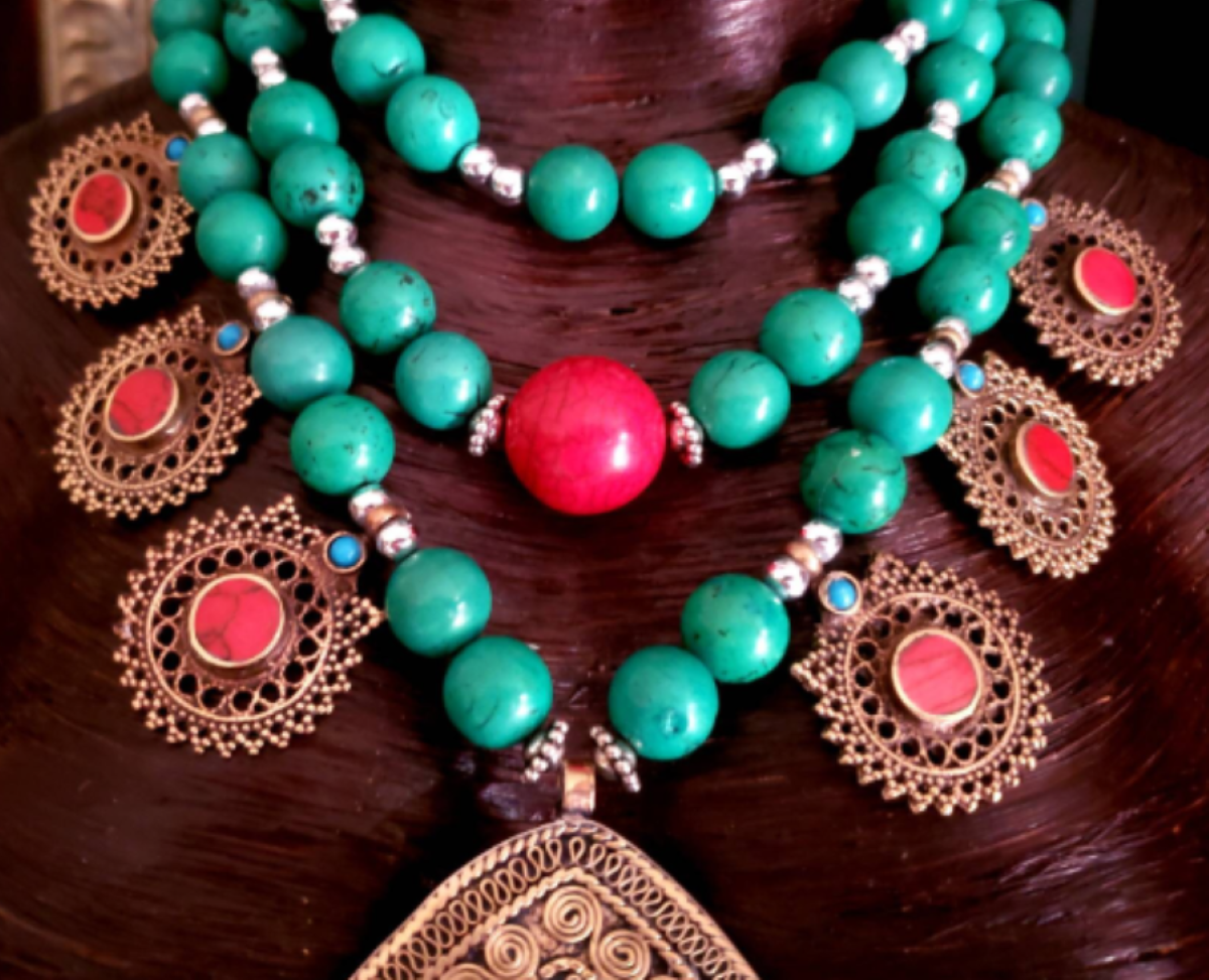 Green Magnesite Beaded Kuchi Charm Necklace With Turkmen Tribal Pendant - OOAK Wearable Art Ethnic Couture Chest Piece - Kat Kouture Jewelry