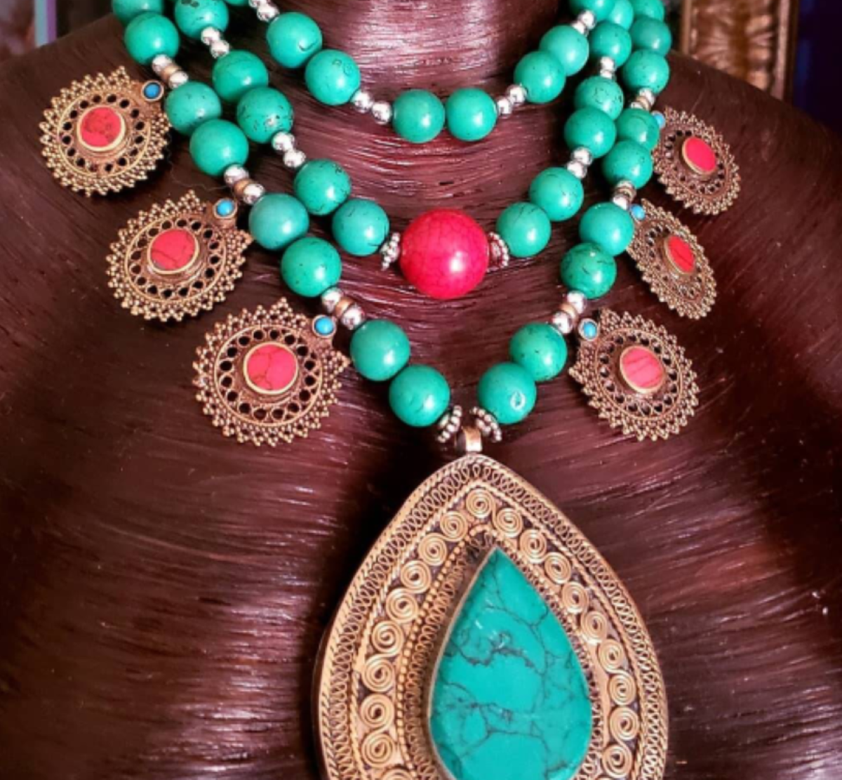 Green Magnesite Beaded Kuchi Charm Necklace With Turkmen Tribal Pendant - OOAK Wearable Art Ethnic Couture Chest Piece - Kat Kouture Jewelry