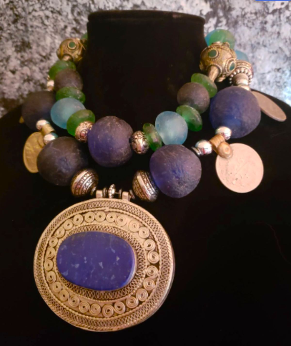 Turkmen Lapis Tribal Pendant With African Glass & Kuchi Coin Necklace - Oversized Blue Green  and Silver Beaded Statement Necklace - OOAK Wearable Ethnic Art Kat Kouture Jewelry