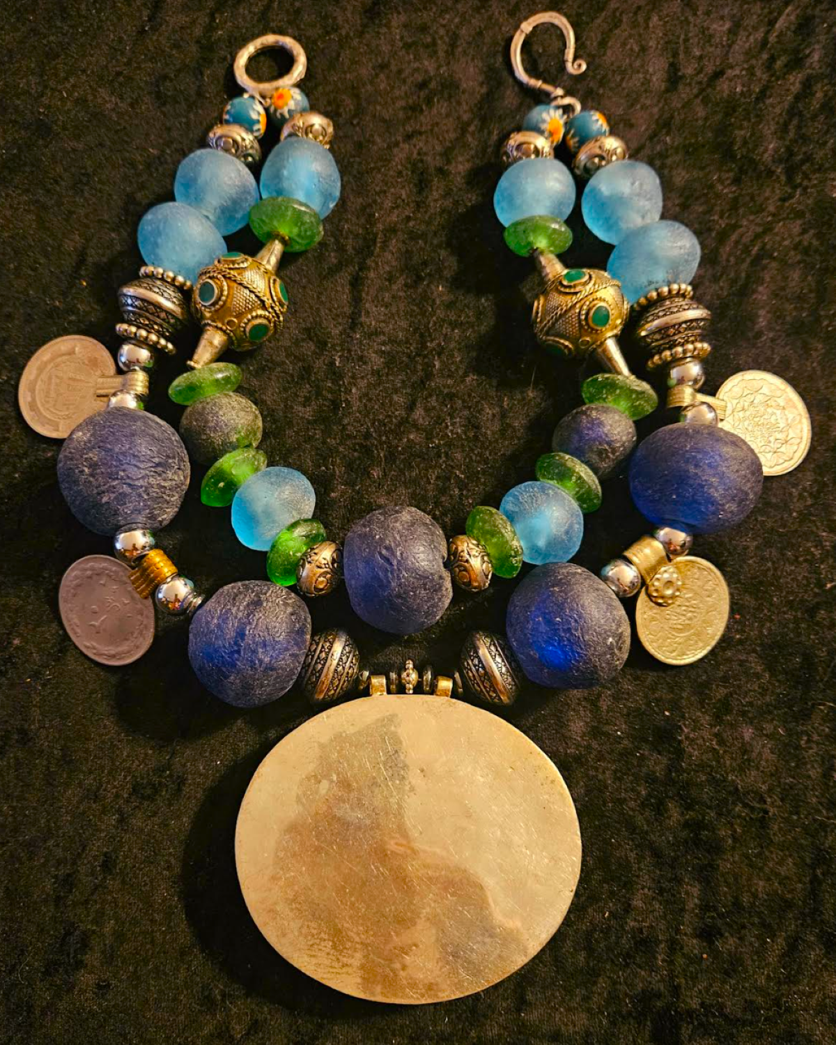 Turkmen Lapis Tribal Pendant With African Glass & Kuchi Coin Necklace - Oversized Blue Green  and Silver Beaded Statement Necklace - OOAK Wearable Ethnic Art Kat Kouture Jewelry