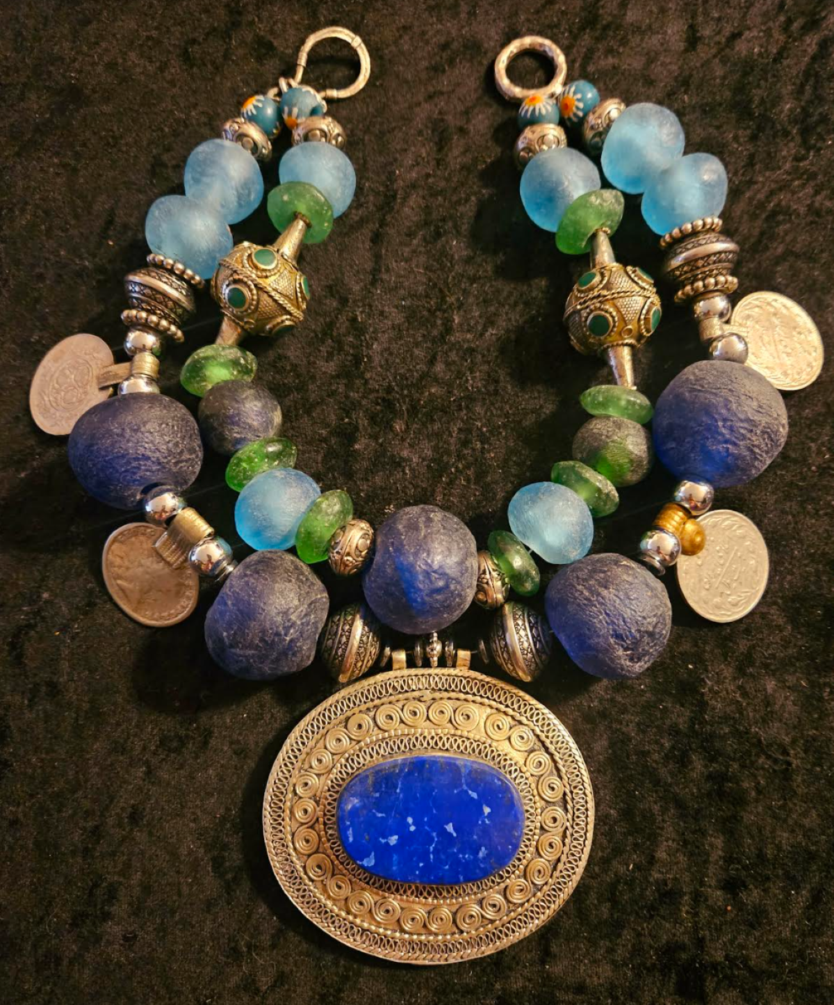 Turkmen Lapis Tribal Pendant With African Glass & Kuchi Coin Necklace - Oversized Blue Green  and Silver Beaded Statement Necklace - OOAK Wearable Ethnic Art Kat Kouture Jewelry