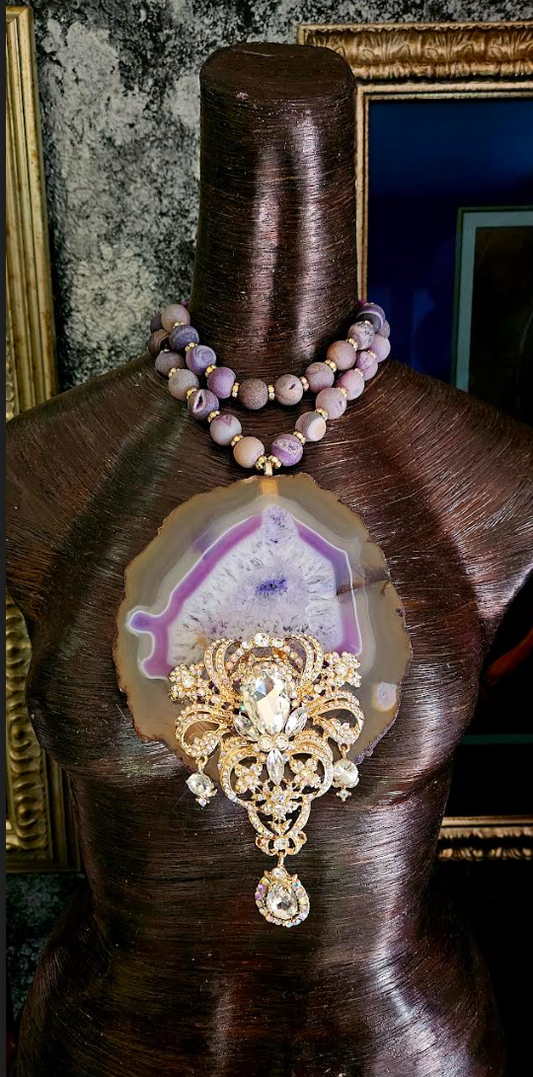 Huge Agate Pendant With Rhinestone Jewel - Frosted Purple Agate Choker