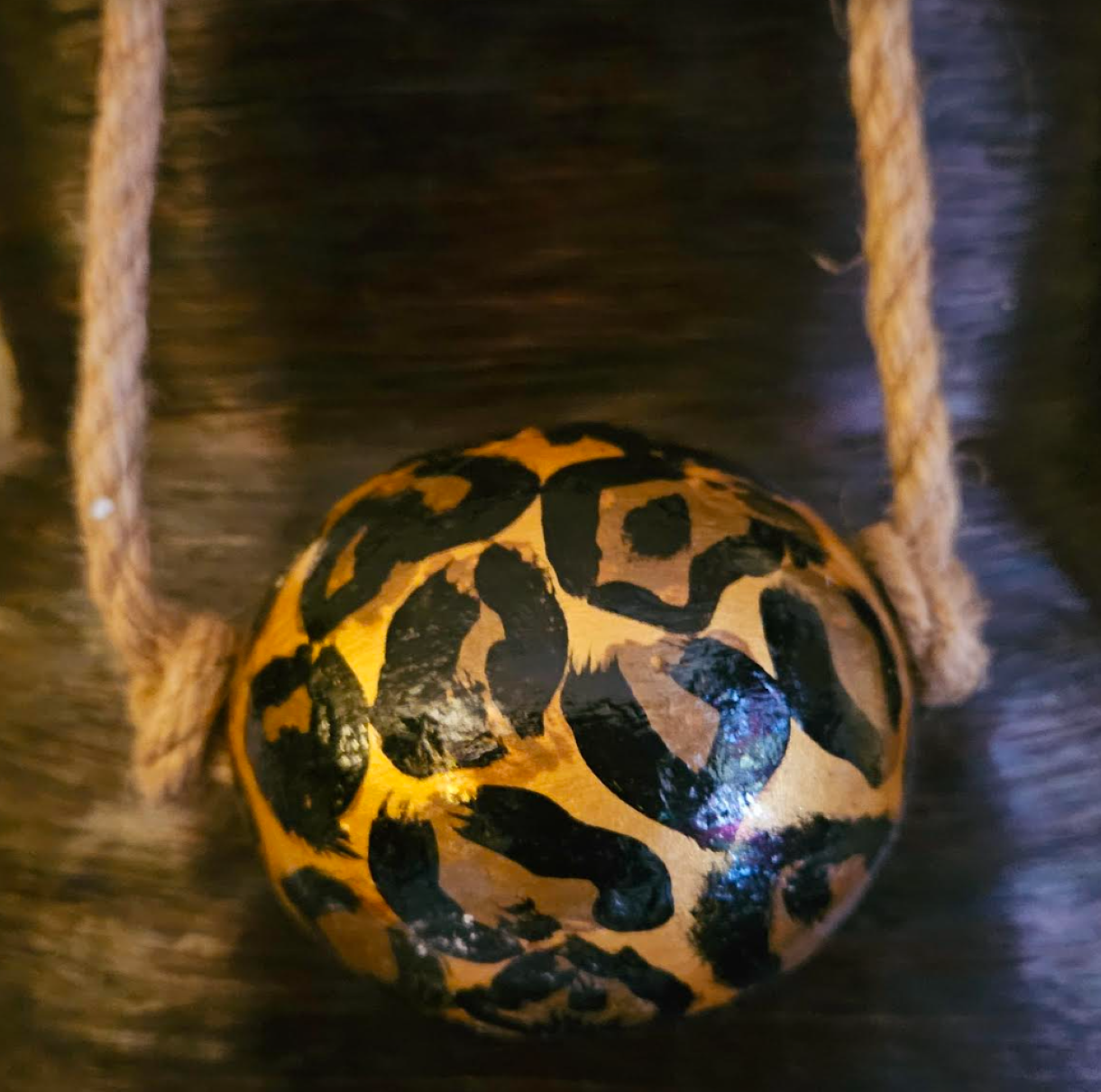 Hand Painted Leopard Ball Pendant On A Jute Rope, Lagenlook Necklace, Tribal Chest Piece
