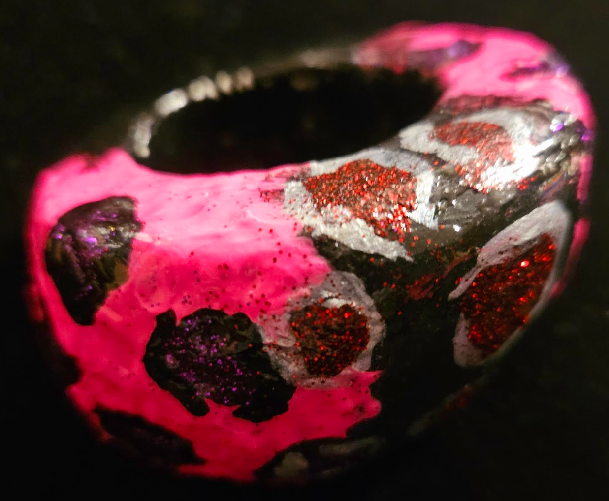 Sculpted Two Finger Dome Statement Ring - Abstract Leopard Print Finger Candy -  Hot Pink Black & Red Gaudy Cocktail Ring - Kat Kouture Jewelry