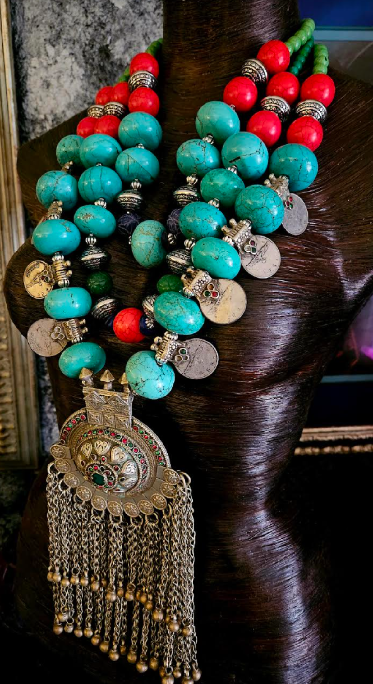 Bold Chunky & Heavy Magnesite Beaded Tribal Chest Piece with Kuchi Coins, Vintage Waziri Architectual Pendant Statement Necklace