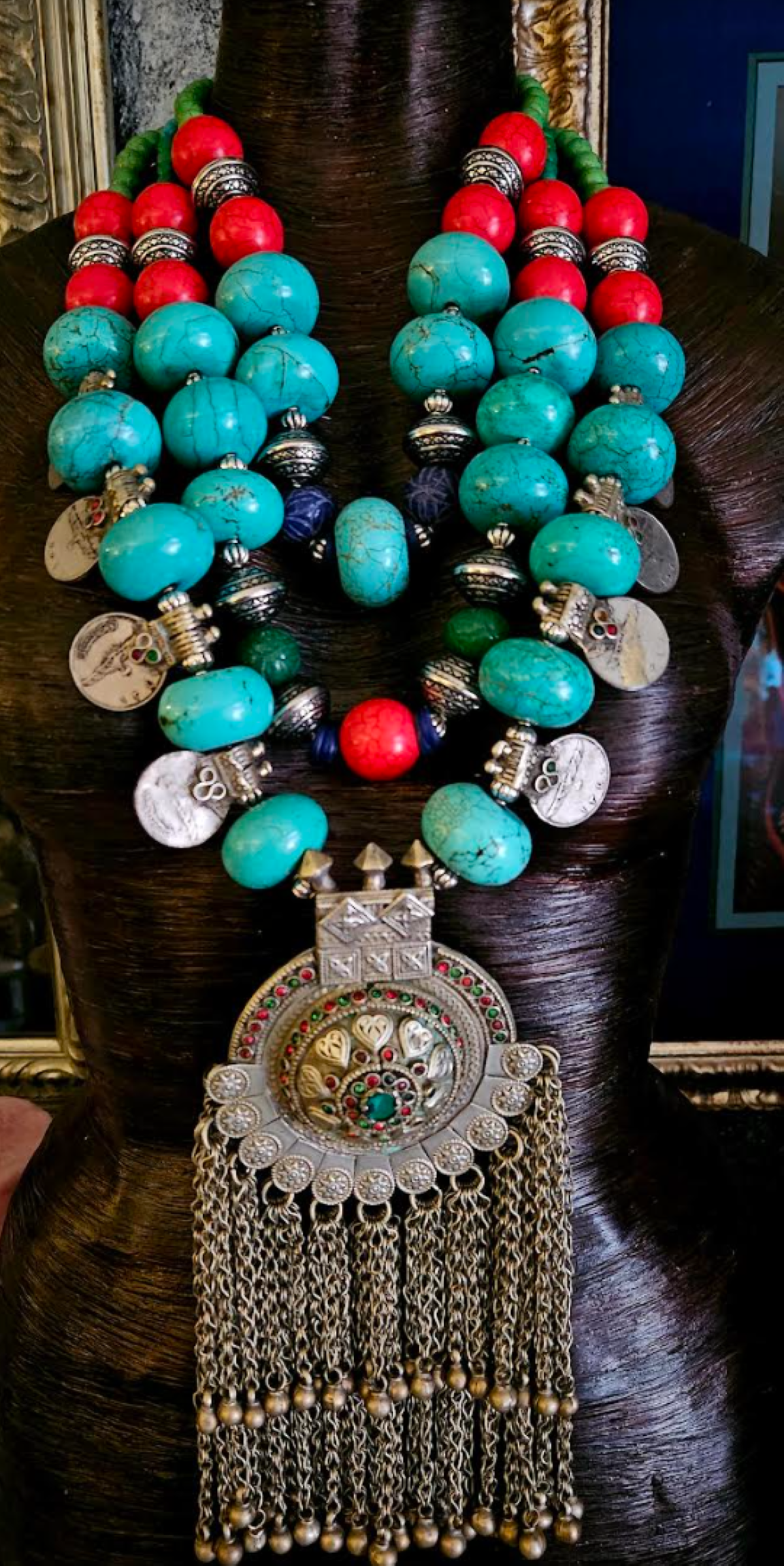 Bold Chunky & Heavy Magnesite Beaded Tribal Chest Piece with Kuchi Coins, Vintage Waziri Architectual Pendant Statement Necklace