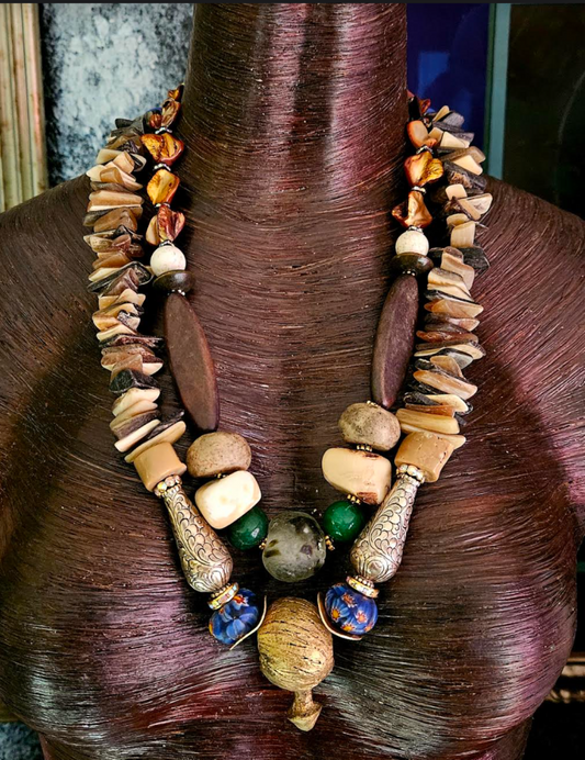 Mixed Media Earth Tone Two Strand Statement Necklace, Neutral Organic Component Chest Piece, Tribal Inspired Jewelry