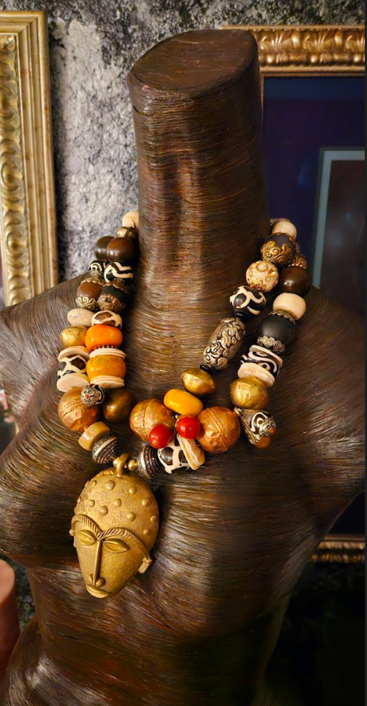 Lost Wax Brass Ghana African Mask Pendant with Mixed Tribal Beaded Necklace, Exotic Wild Oversized Medica Ethnic Neck Candy, Bold Chunky Neck Piece for Women of Color