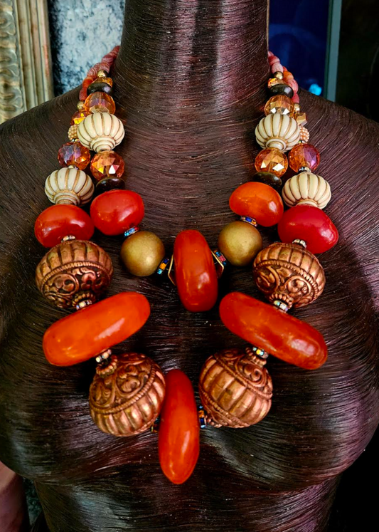 Exotic Moroccan Resin & Tibetan Copper Repousse Tribal Oversized Beaded Necklace, Haute Couture Ethnic Chest Piece,  Runway Ready Jewelry Kat Kouture