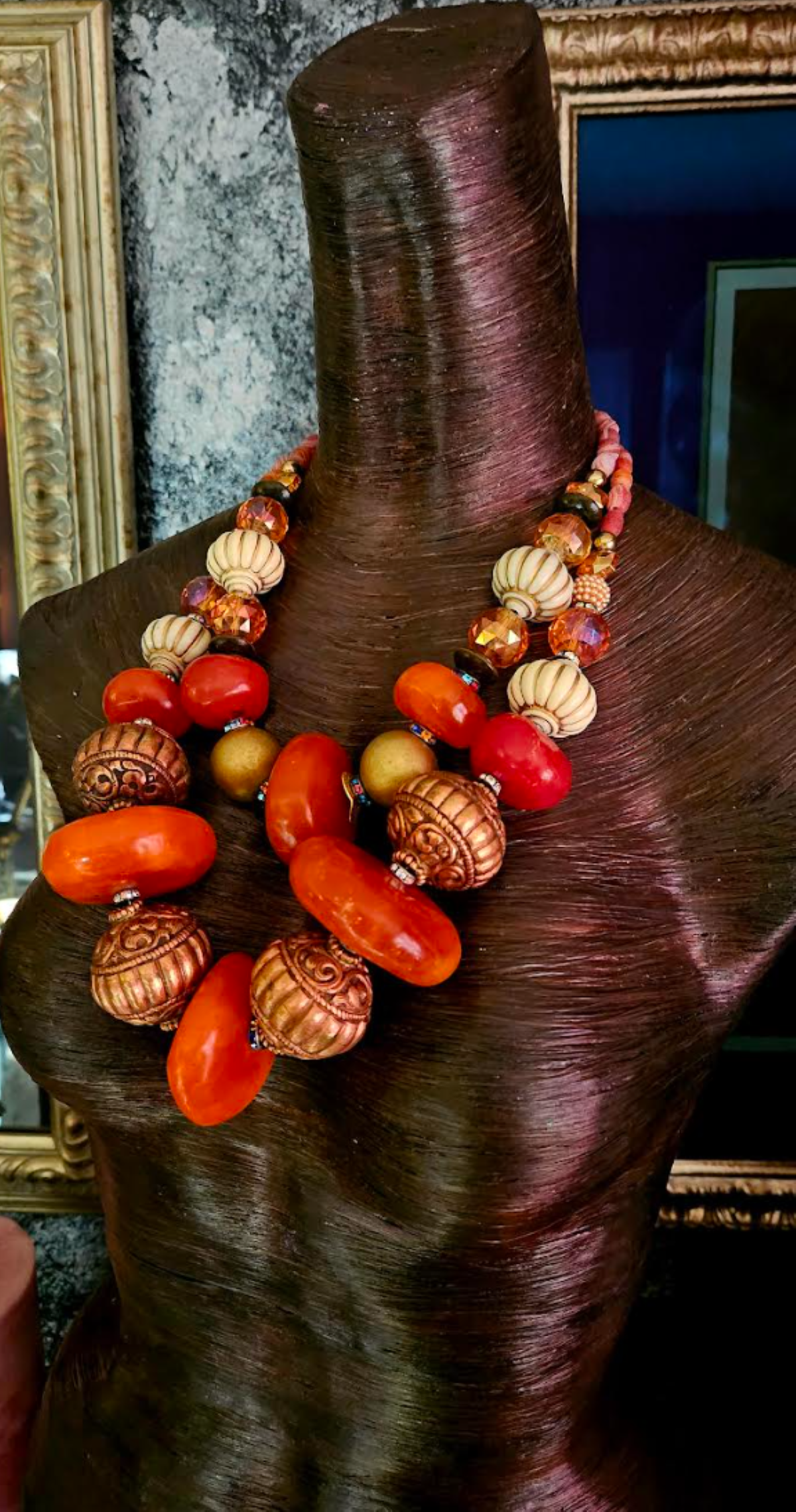 Exotic Moroccan Resin & Tibetan Copper Repousse Tribal Oversized Beaded Necklace, Haute Couture Ethnic Chest Piece,  Runway Ready Jewelry Kat Kouture