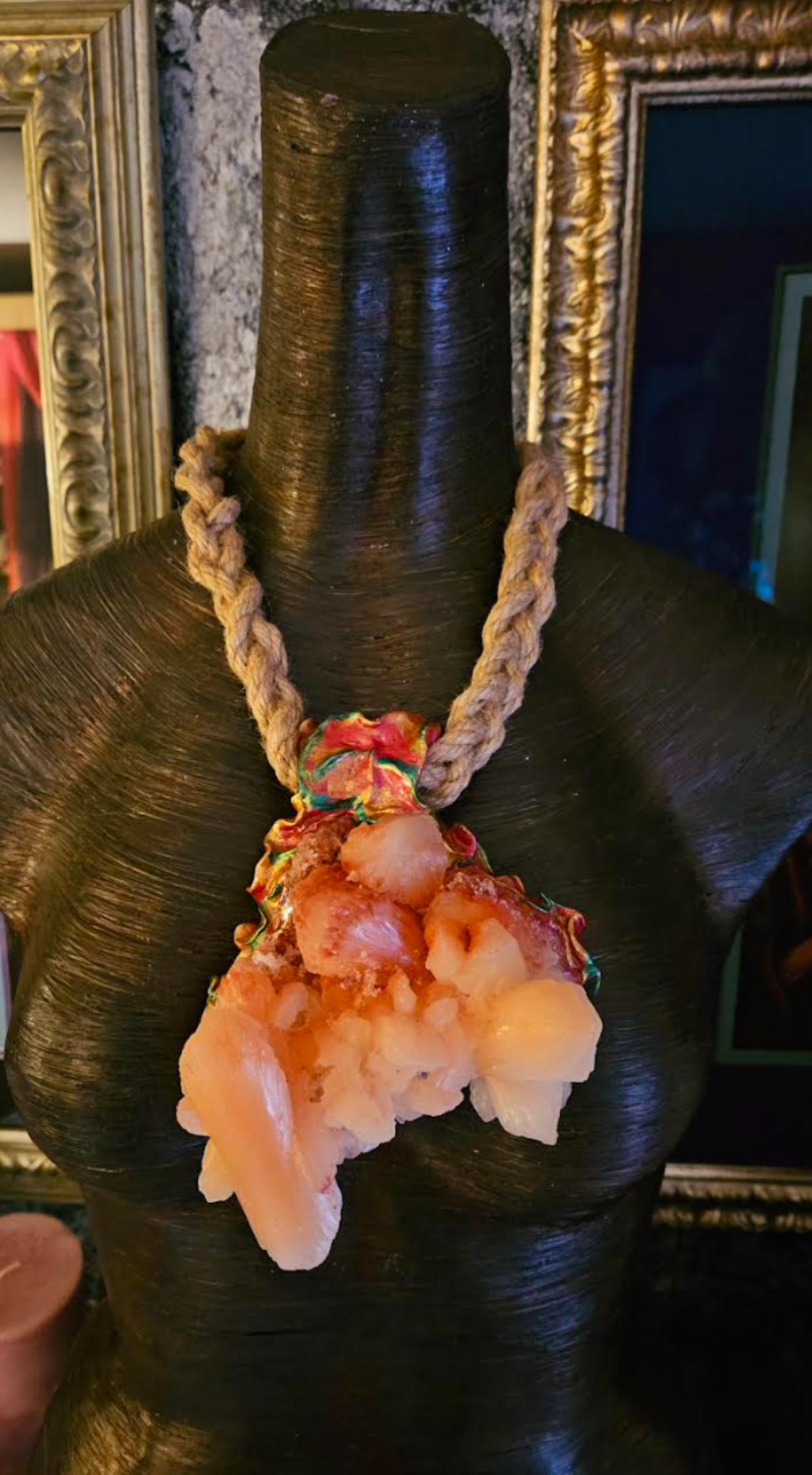 Peach Stilbite Apophyllite Sculpted Pendant with Braided Hemp Rope, Raw Rough Gemstone Amulet, Ombre Gemstone Talisman