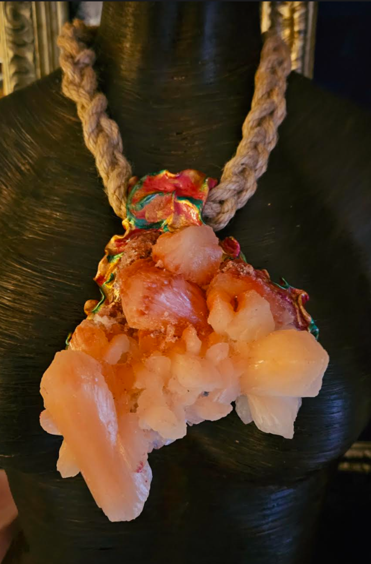 Peach Stilbite Apophyllite Sculpted Pendant with Braided Hemp Rope, Raw Rough Gemstone Amulet, Ombre Gemstone Talisman