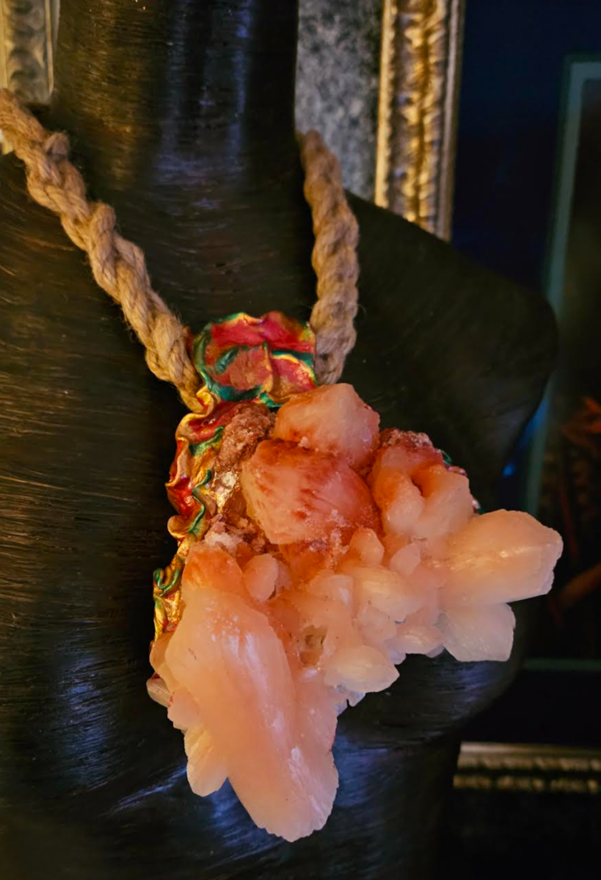 Peach Stilbite Apophyllite Sculpted Pendant with Braided Hemp Rope, Raw Rough Gemstone Amulet, Ombre Gemstone Talisman