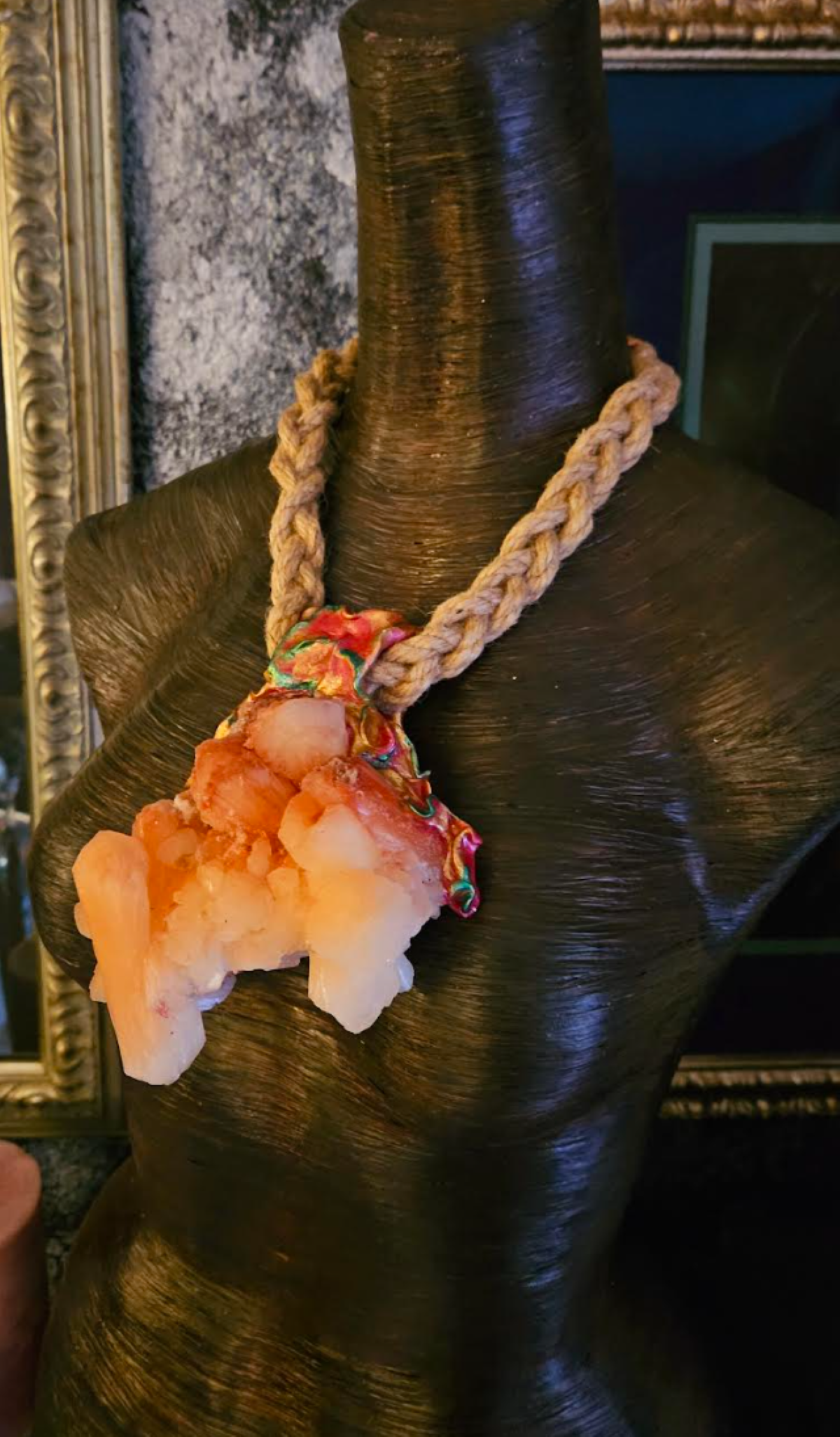 Peach Stilbite Apophyllite Sculpted Pendant with Braided Hemp Rope, Raw Rough Gemstone Amulet, Ombre Gemstone Talisman