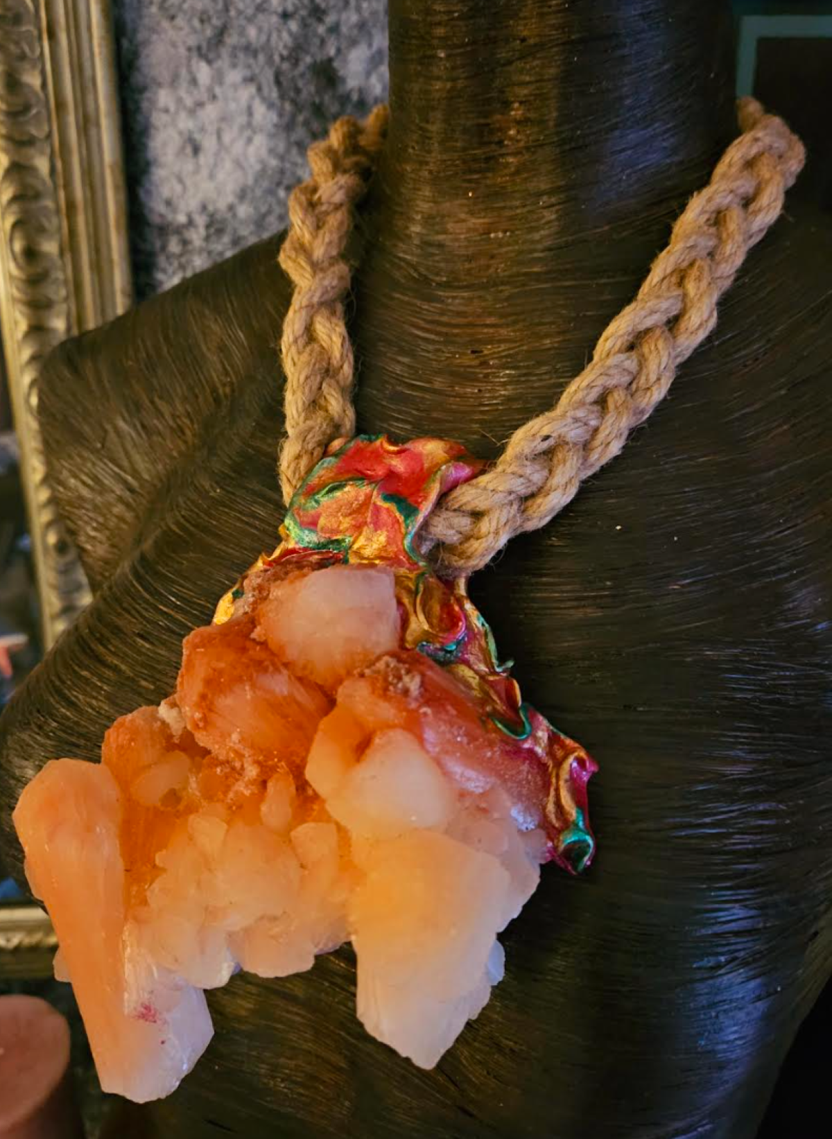 Peach Stilbite Apophyllite Sculpted Pendant with Braided Hemp Rope, Raw Rough Gemstone Amulet, Ombre Gemstone Talisman