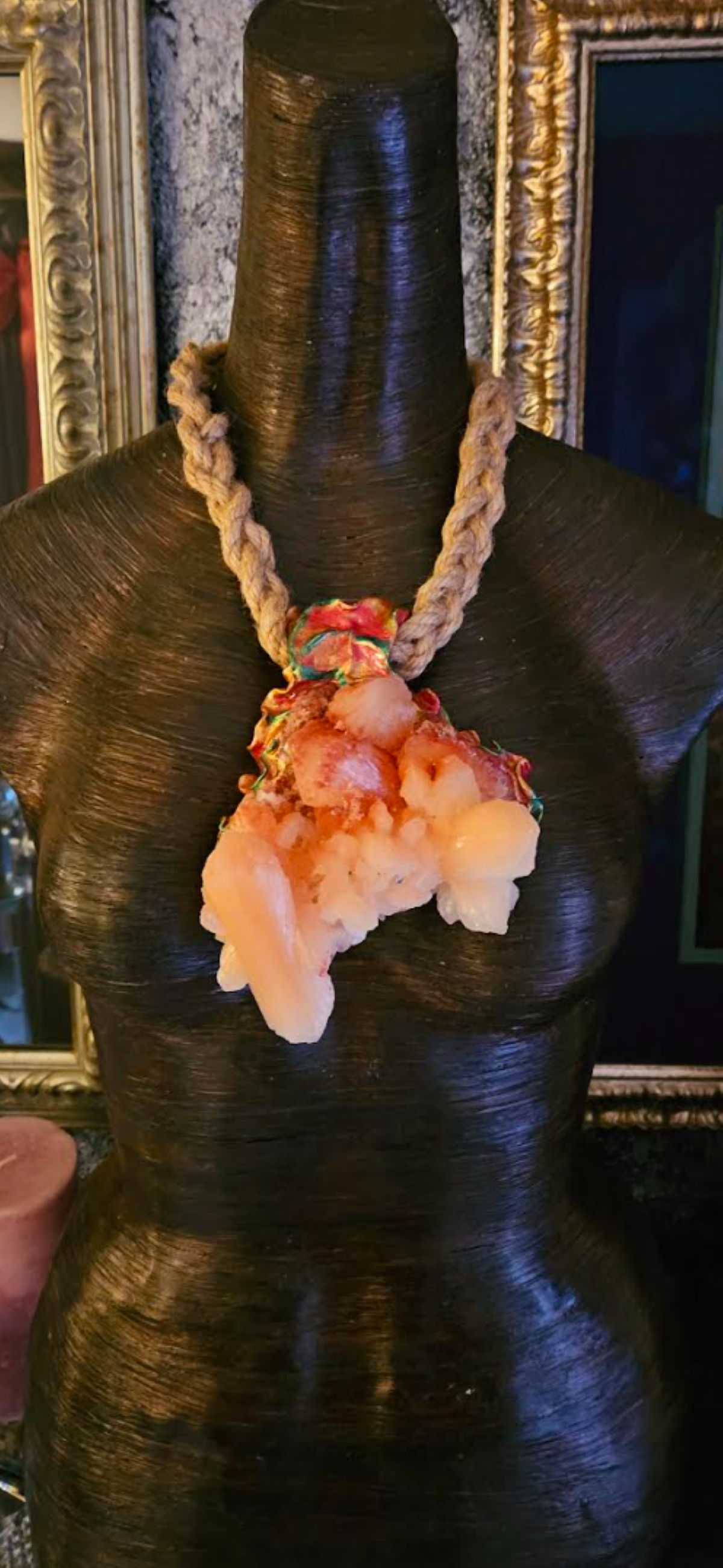 Peach Stilbite Apophyllite Sculpted Pendant with Braided Hemp Rope, Raw Rough Gemstone Amulet, Ombre Gemstone Talisman