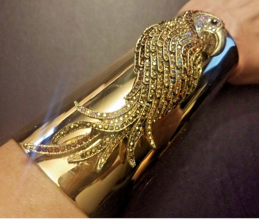 Rhinestone Parrot Wide Gold Tone Statement Cuff, Bling Bling Wrist Candy, Bejeweled Bangle