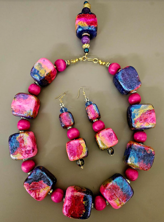 Sculpted Cube Statement Necklace with Matching Earrings, Navy Gold & Hot Pink Jewelry Set, OOAK Artisan Jewelry from Kat Kouture