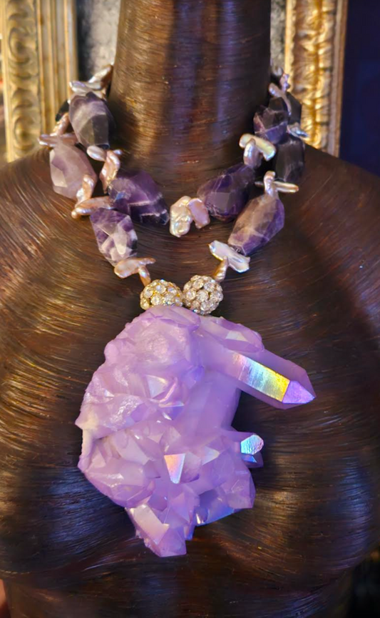 Freshwater Pearl & Chevron Amethyst Necklace with Huge Purple Aura Quartz Pendant, OOAK Wearable Art Purple and White Gemstone Chest Piece, Celebrity Stylist Jewelry