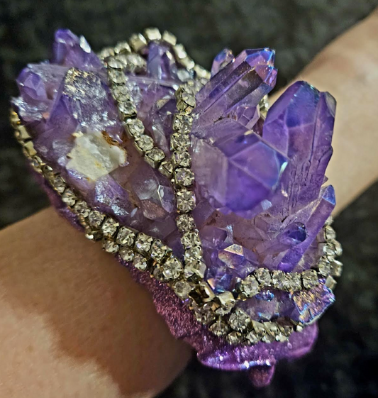 Sculpted Purple Aura Quartz & Rhinestone Wood Cuff, Wrist Candy Bridal Wedding Black Tie, Bangle Gemstone Rough