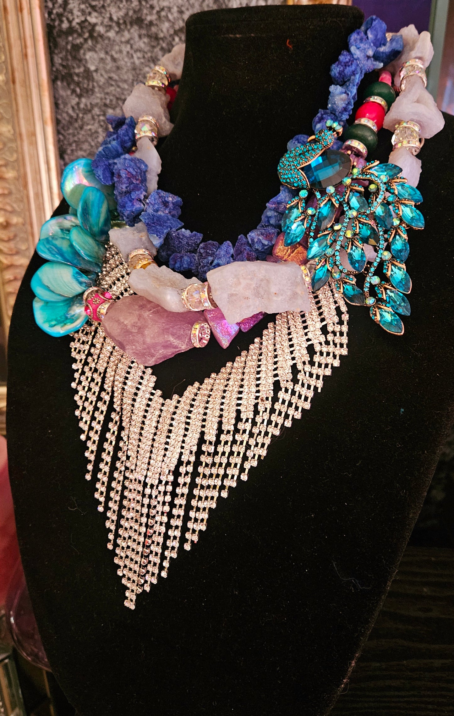 Rhinestone & Gemstone Assemblage Statement Necklace, OOAK Art to Wear Jewelry for Women, Bold Chunky Heavy Exotic Chest Piece, Bling Bling Diamante Neck Piece with Detachable Rhinestone Peacock