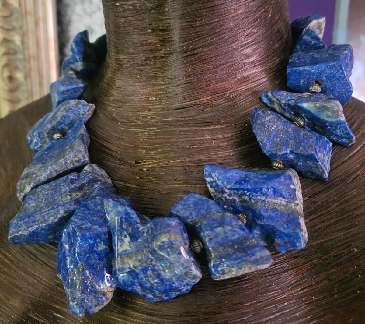 Lapis Lazuli Polished Nugget Collar, Blue Gray & Gold Asymmetric Stone Statement Necklace, Haute Couture Neck Candy