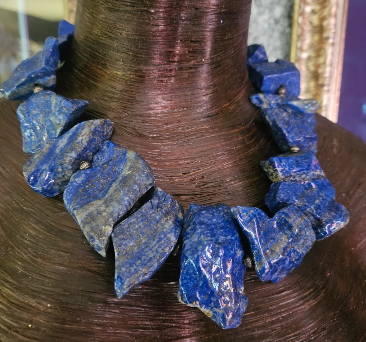 Lapis Lazuli Polished Nugget Collar, Blue Gray & Gold Asymmetric Stone Statement Necklace, Haute Couture Neck Candy