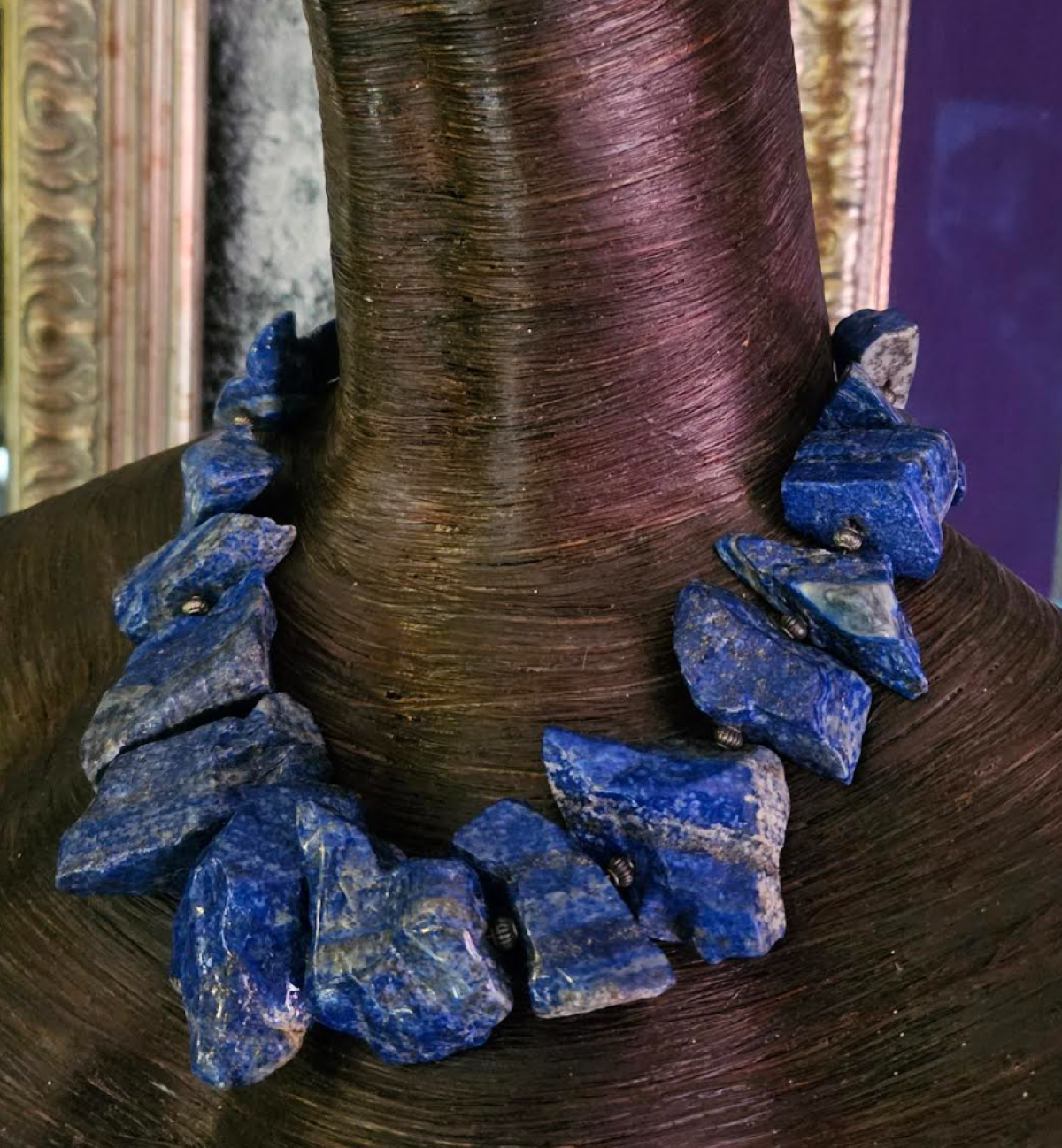 Lapis Lazuli Polished Nugget Collar, Blue Gray & Gold Asymmetric Stone Statement Necklace, Haute Couture Neck Candy